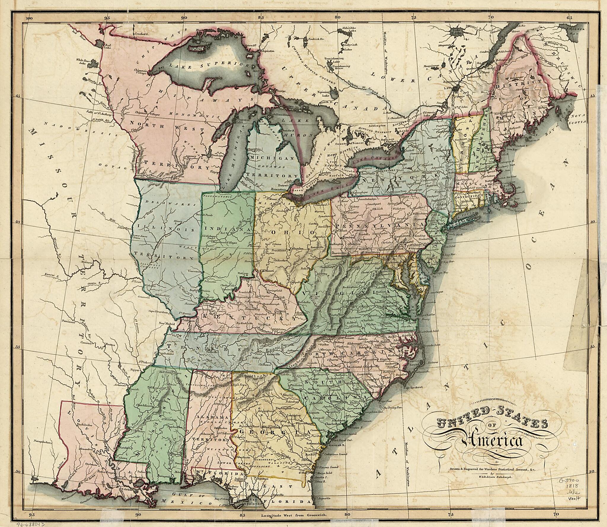 This old map of United States of America from 1818 was created by W. & D. Lizars in 1818