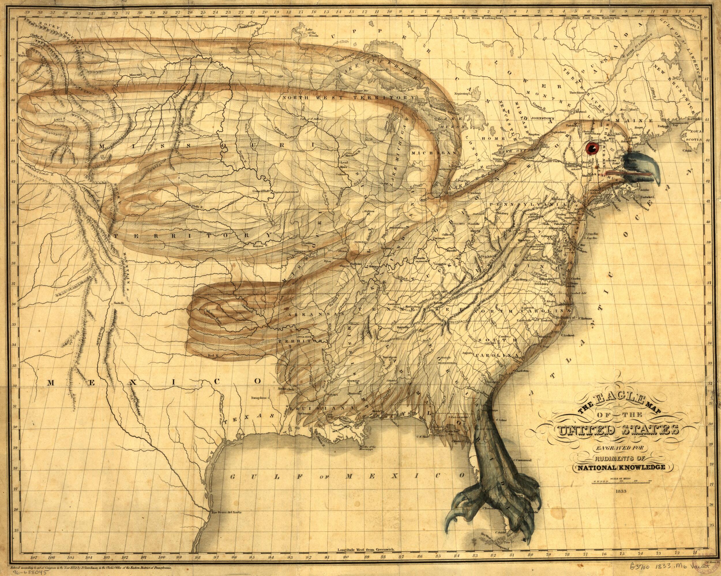 This old map of The Eagle Map of the United States from 1833 was created by Carey & Hart, J. (Joseph) Churchman, Isaac W. Moore in 1833