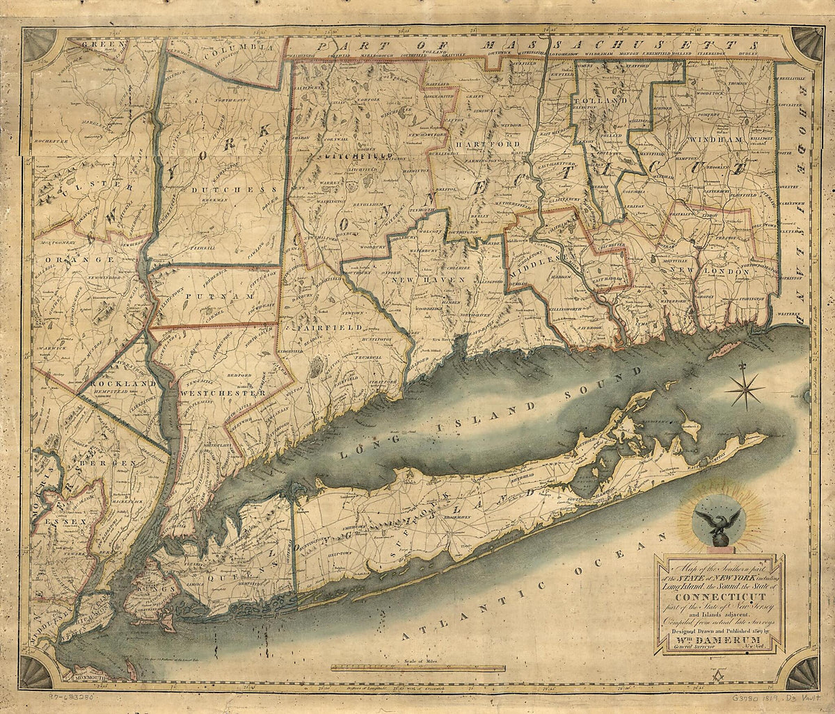 Map of the Southern Part of the State of New York Including Long Island, the Sound, the State of Connecticut, Part of the State of New Jersey, and Islands Adjacent : Compiled from Actual Late Surveys 1819 by Relic Map Company