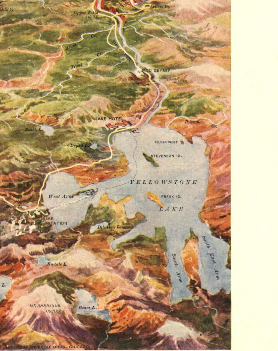This old map of Yellowstone National Park from 1910 was created by  Poole Brothers in 1910