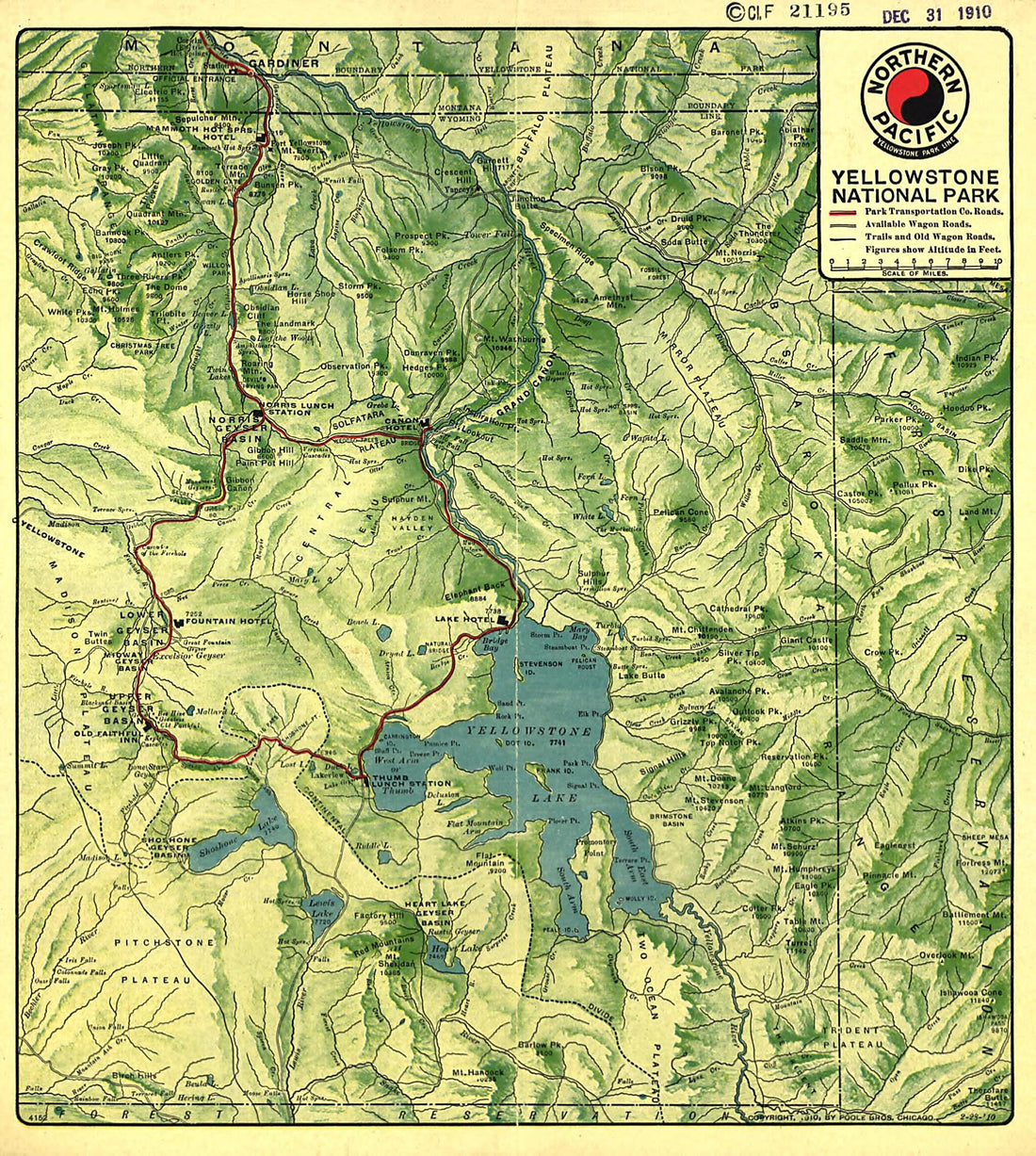 This old map of Yellowstone National Park from 1910 was created by Poole Brothers in 1910