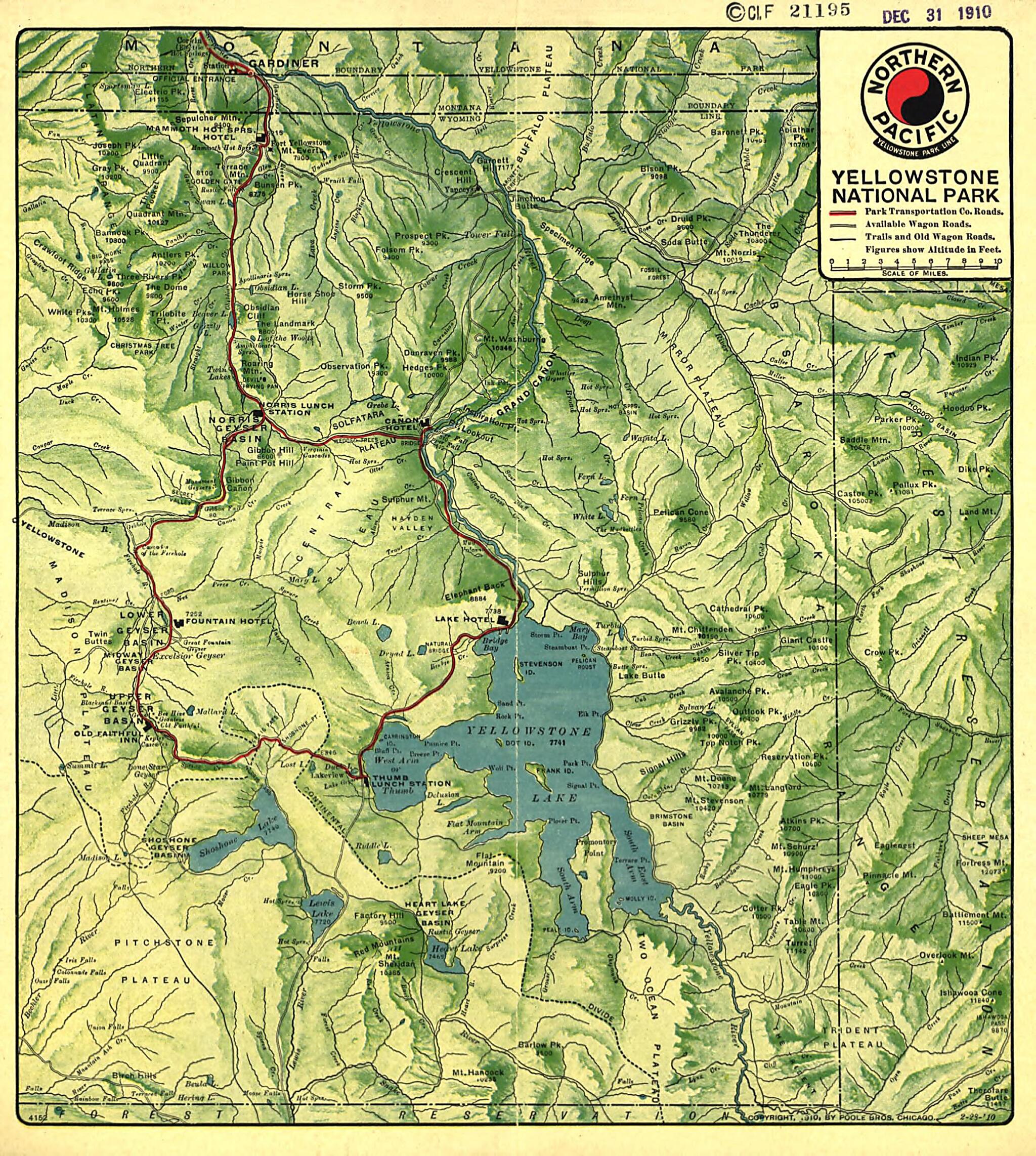 This old map of Yellowstone National Park from 1910 was created by Poole Brothers in 1910