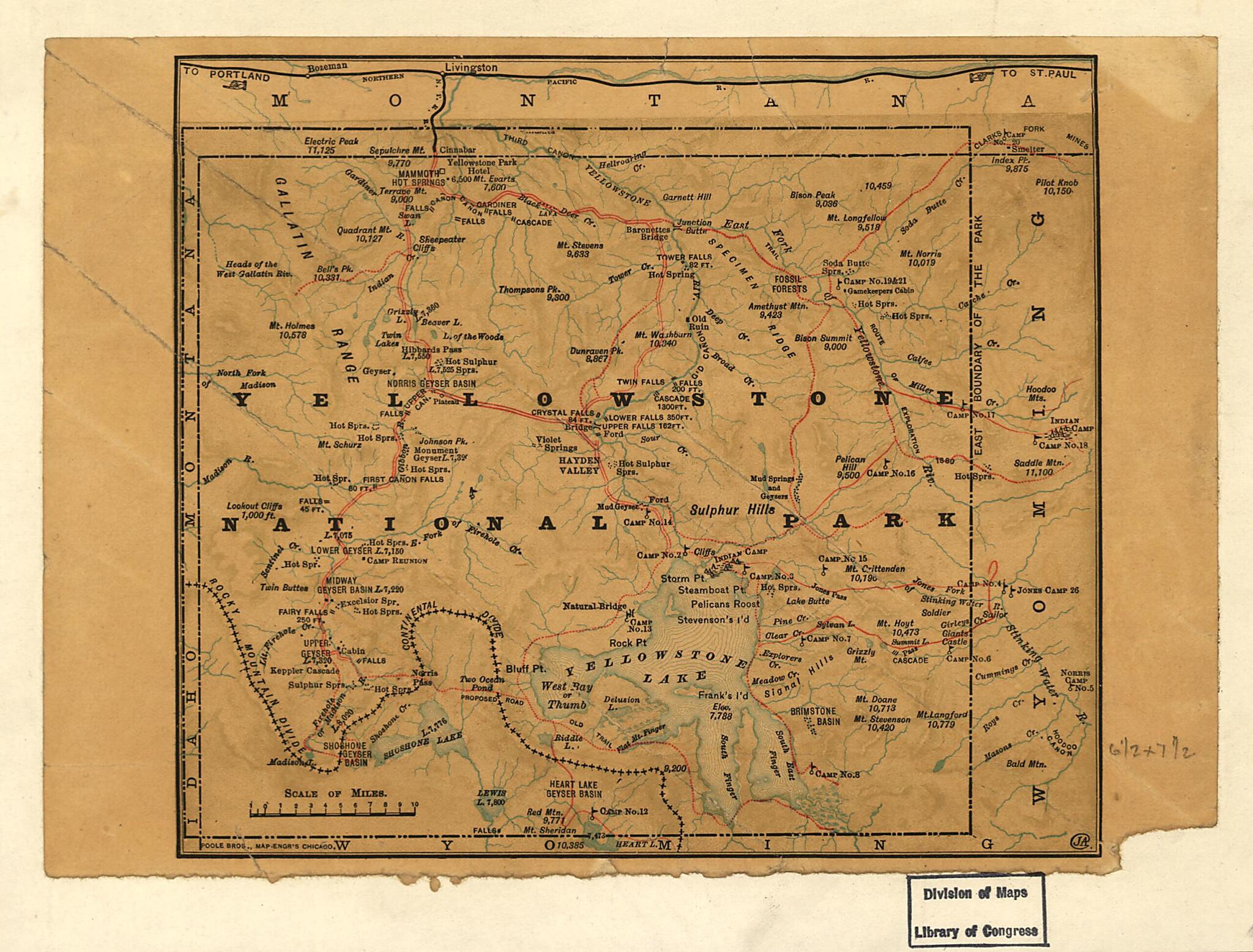 This old map of Yellowstone National Park, Wyoming from 1880 was created by Poole Brothers in 1880