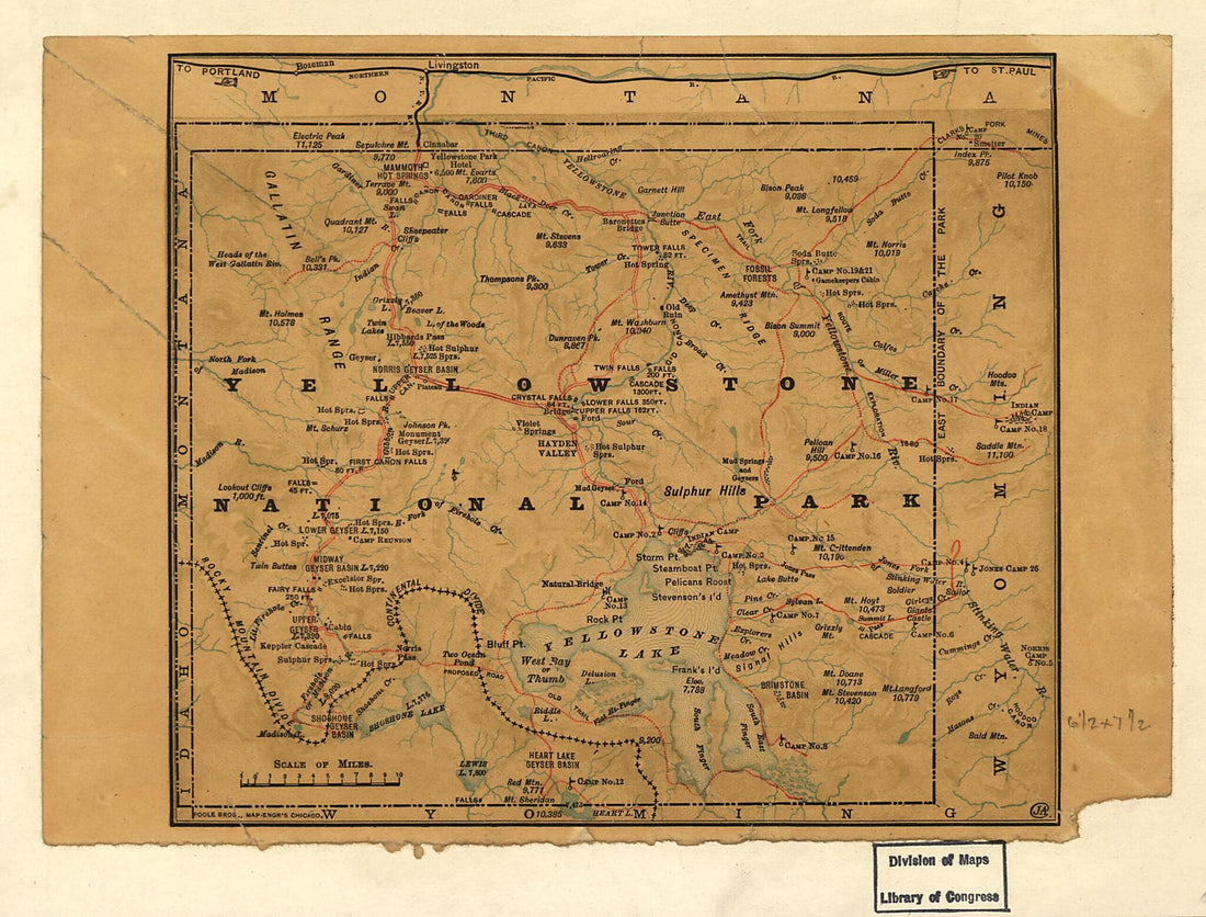This old map of Yellowstone National Park, Wyoming from 1880 was created by Poole Brothers in 1880