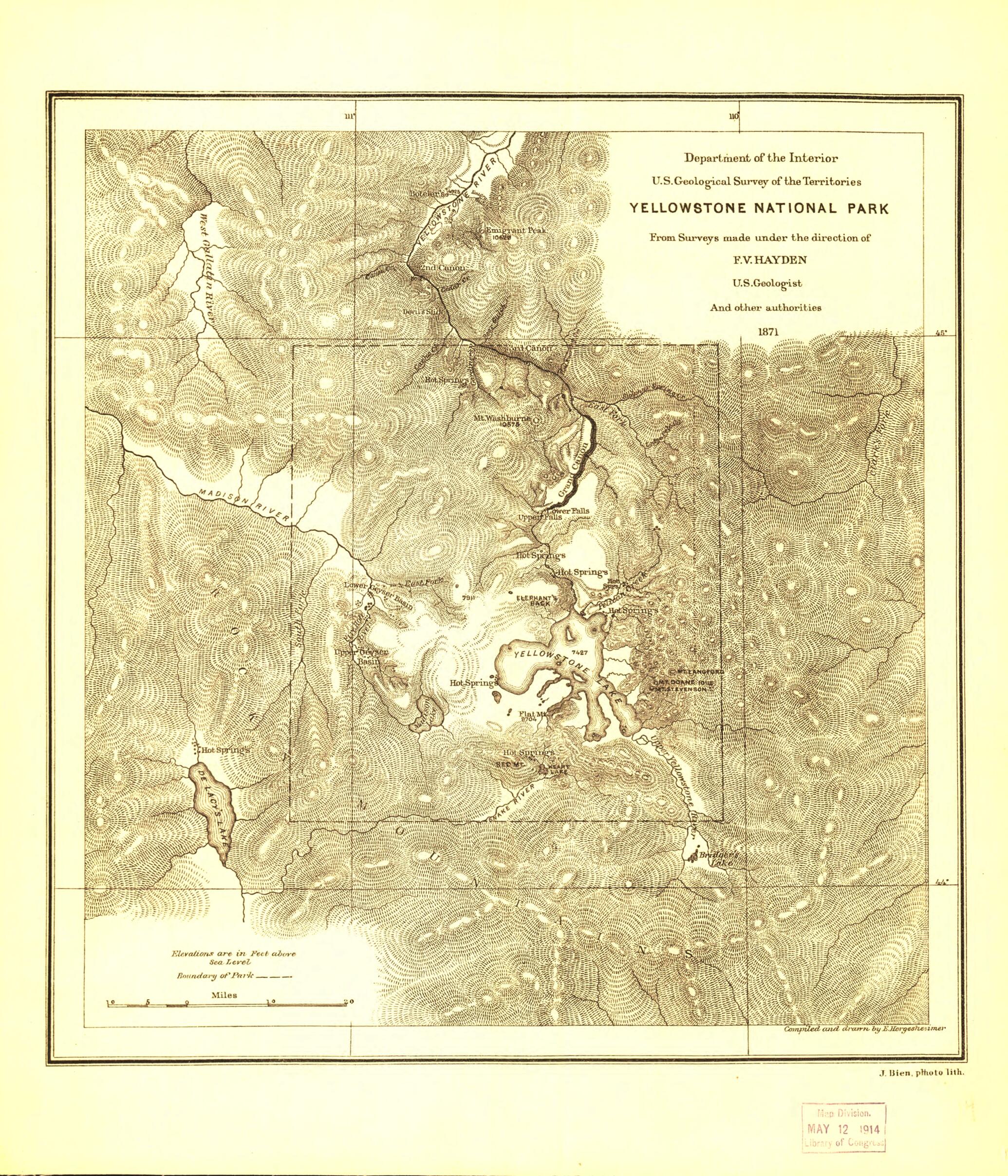 This old map of Yellowstone National Park : from 1871 was created by Julius Bien, Geological Survey of the Territories (U.S.), F.V. (Ferdinand Vandeveer) Hayden, E. (Edwin) Hergesheimer, United States. Department of the Interior in 1871