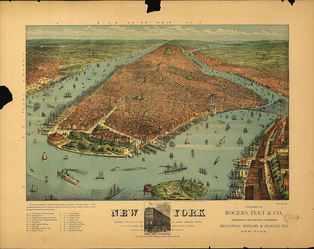 This old map of New York from 1879 was created by Currier & Ives, Peet & Co Rogers in 1879
