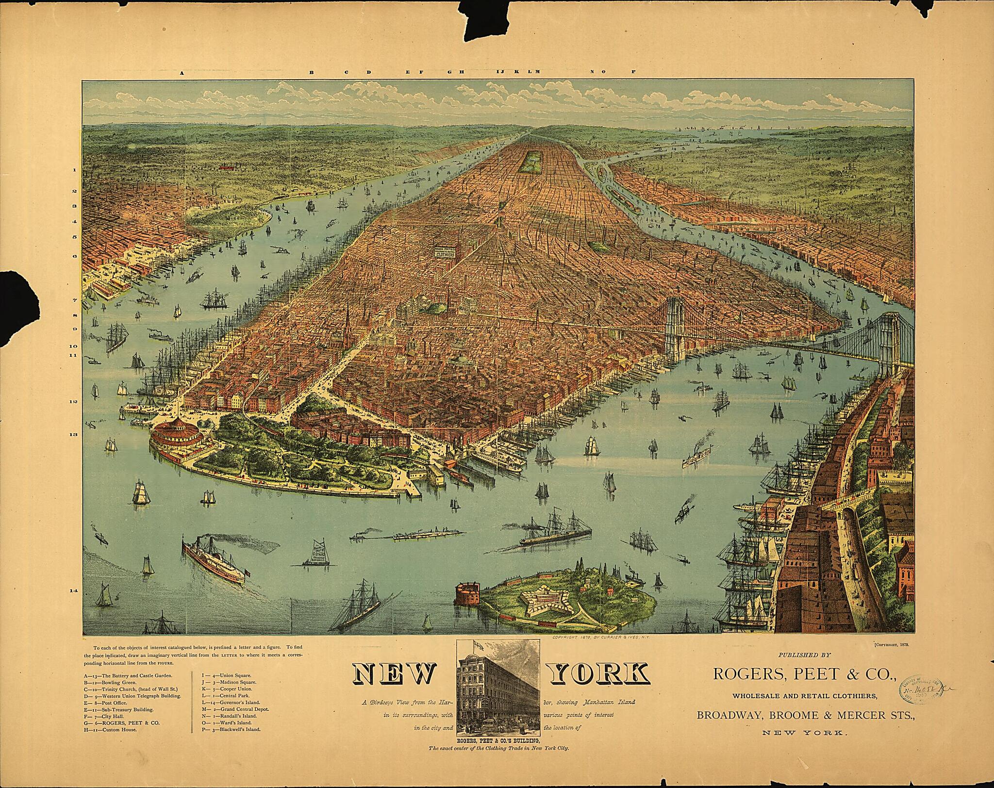 This old map of New York from 1879 was created by Currier & Ives, Peet & Co Rogers in 1879
