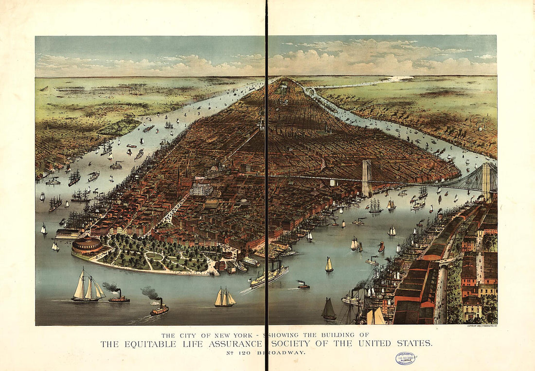 This old map of The City of New York from 1883 was created by Currier & Ives, Equitable Life Assurance Society of the United States in 1883