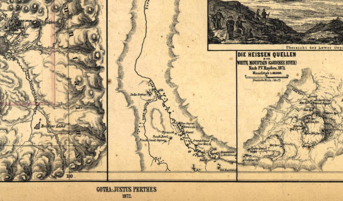 This old map of Domäne (National Park) Im Quellgebiete Des Yellowstone Flusses Mit Den Geyser-Gebieten from 1871 was created by F.V. (Ferdinand Vandeveer) Hayden, Germany) Justus Perthes (Firm: Gotha, A. (August) Petermann in 1871