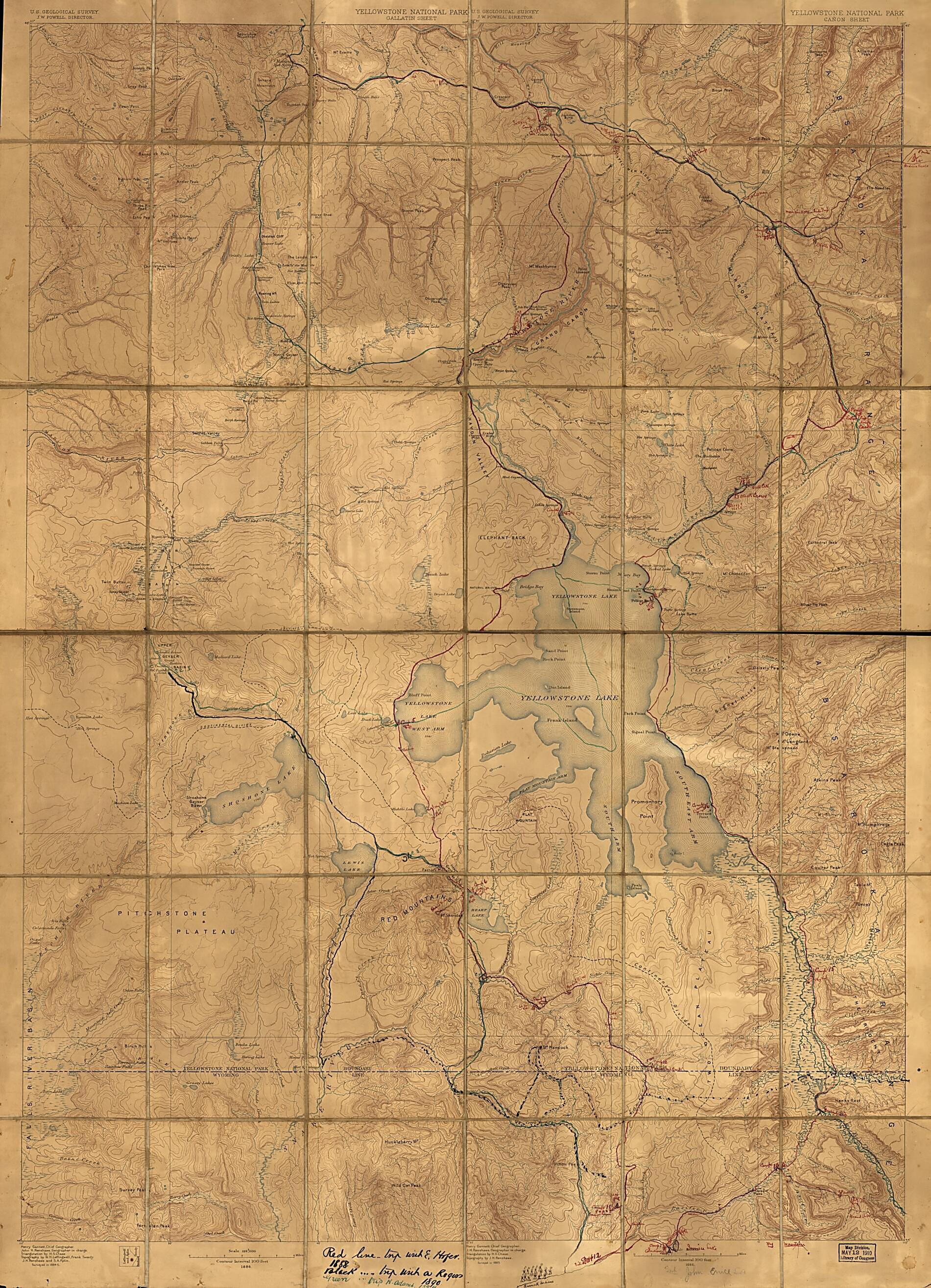 This old map of Yellowstone National Park from 1886 was created by Henry Gannett, Geological Survey (U.S.), John Wesley Powell, John H. Renshawe in 1886