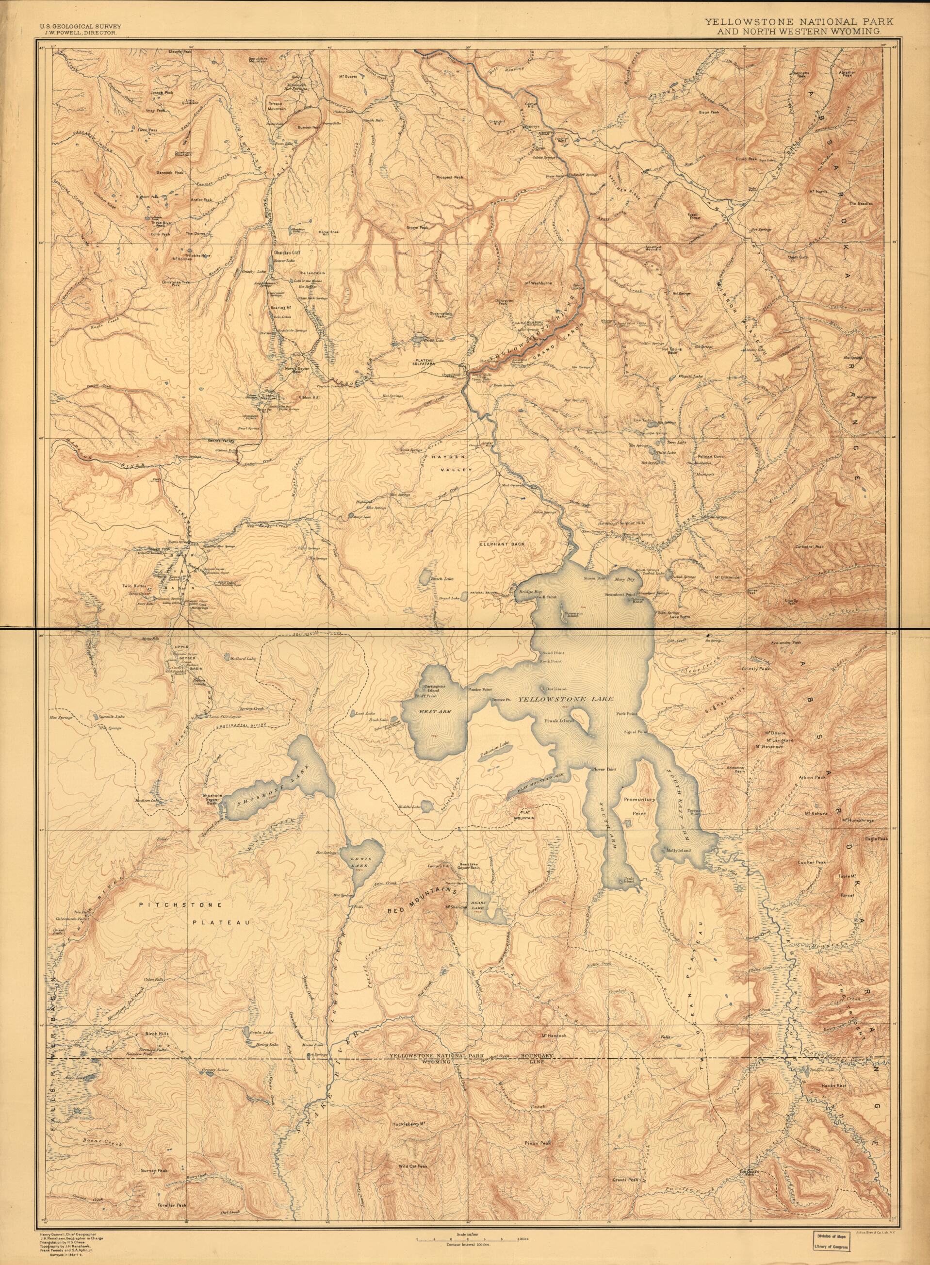 This old map of Yellowstone National Park and North Western Wyoming from 1885 was created by Henry Gannett,  Geological Survey (U.S.), John Wesley Powell, John H. Renshawe in 1885