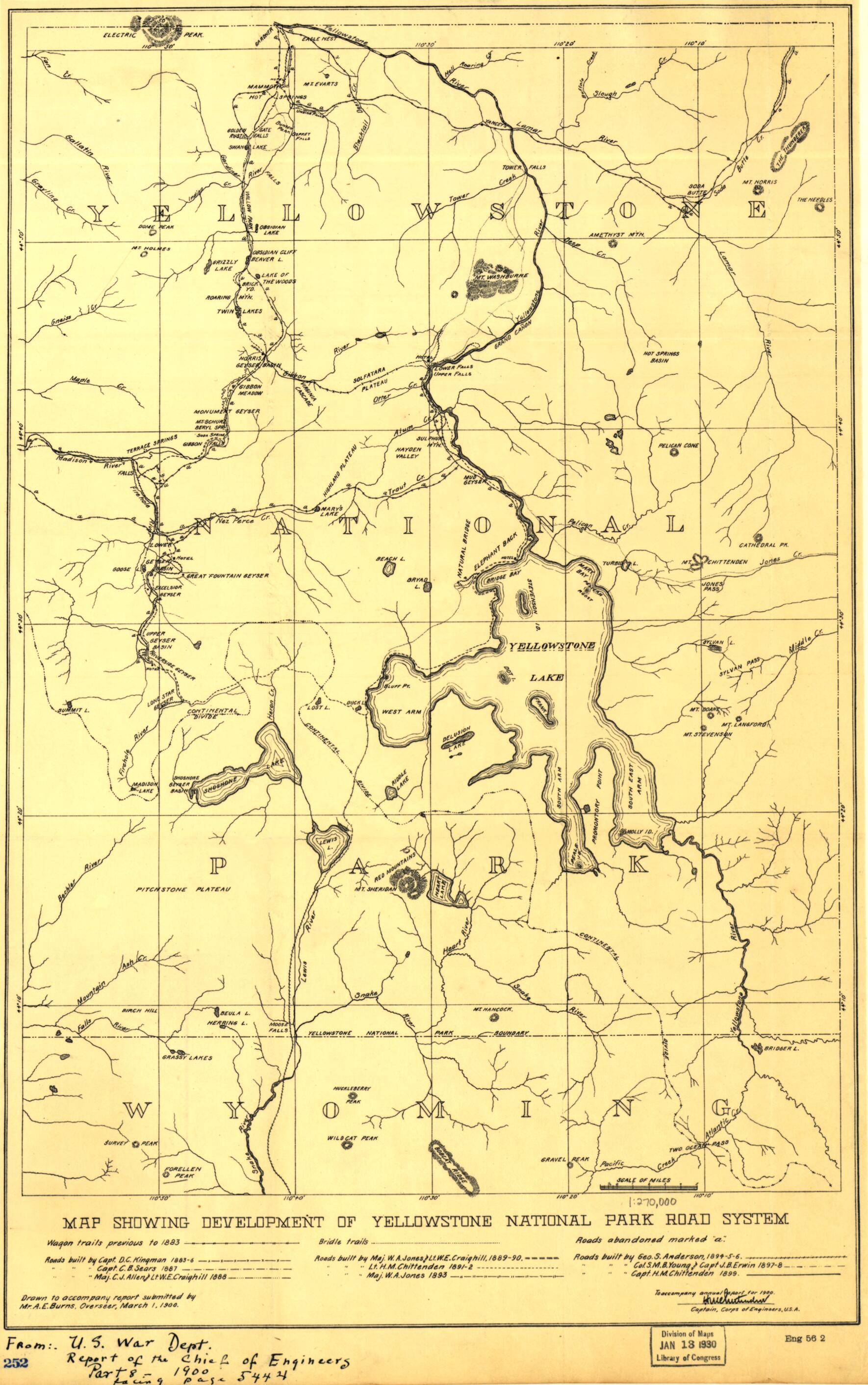 This old map of Map Showing Development of Yellowstone National Park Road System from 1900 was created by A. E. Burns, United States. War Department. Corps of Engineers in 1900