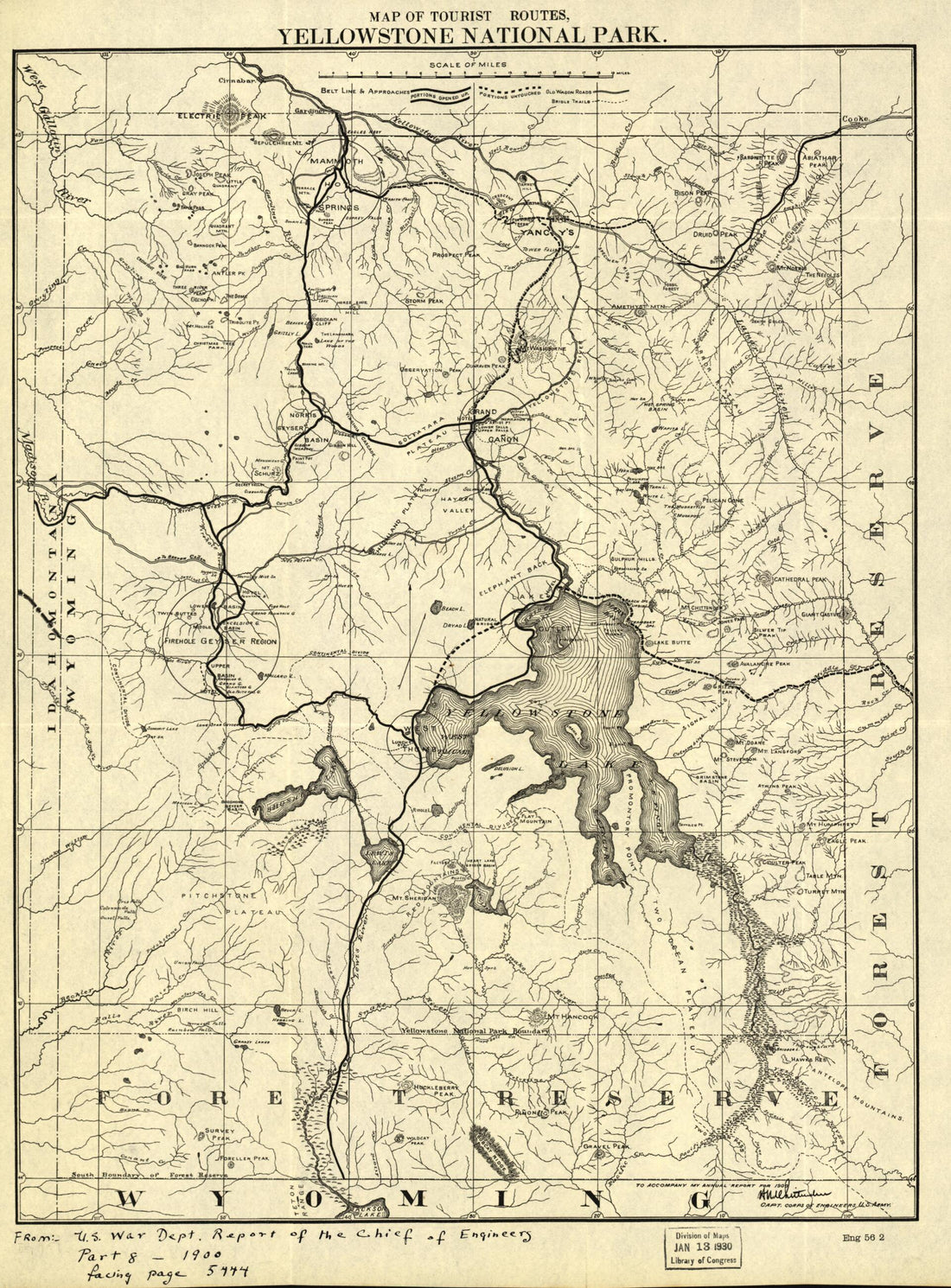 This old map of Map of the Tourist Routes, Yellowstone National Park from 1900 was created by United States. War Department. Office of the Chief of Engineers in 1900