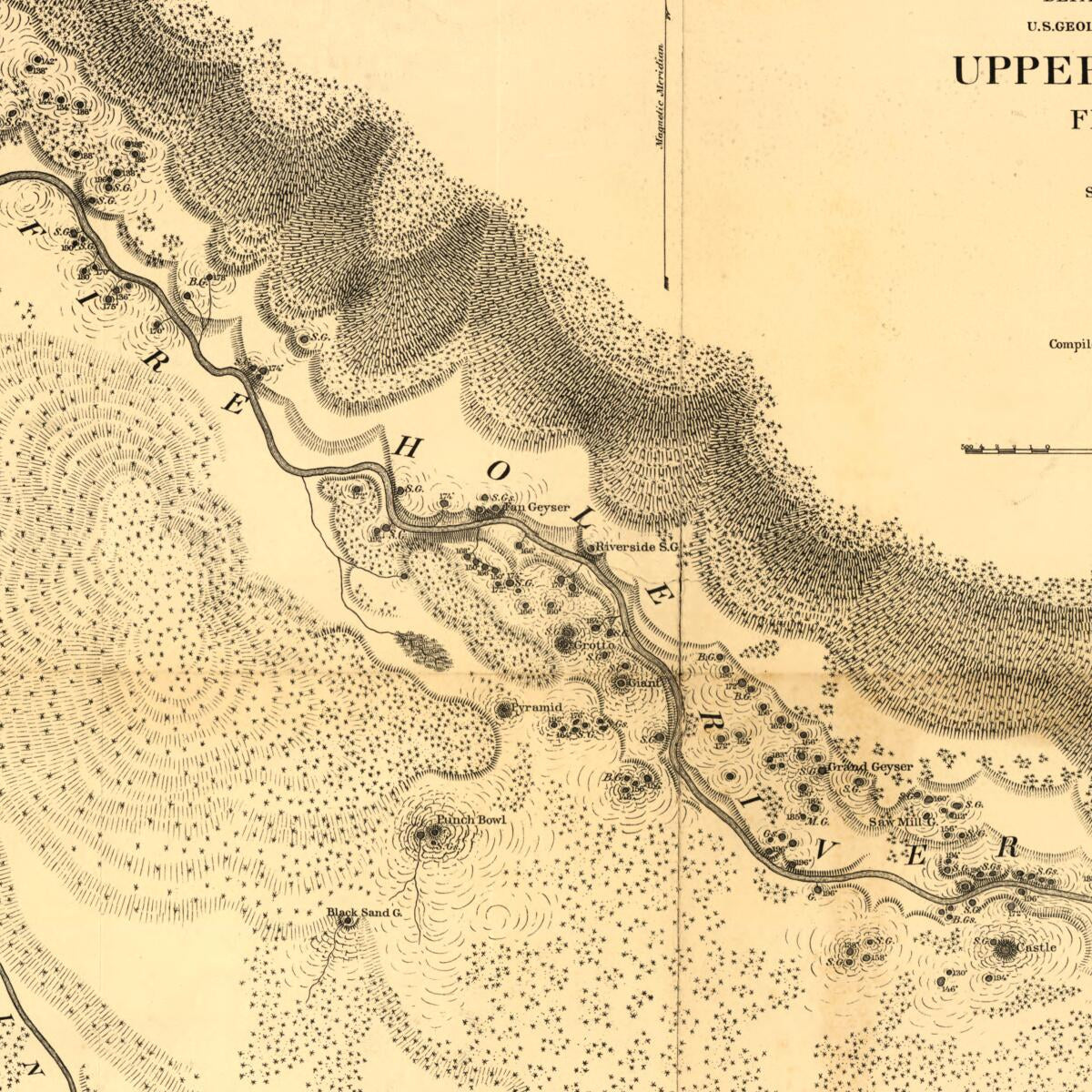 This old map of Upper Geyser Basin, Fire Hole River, Wyoming Territory from 1871 was created by  Geological Survey of the Territories (U.S.), F. V. (Ferdinand Vandeveer) Hayden, E. (Edwin) Hergesheimer in 1871