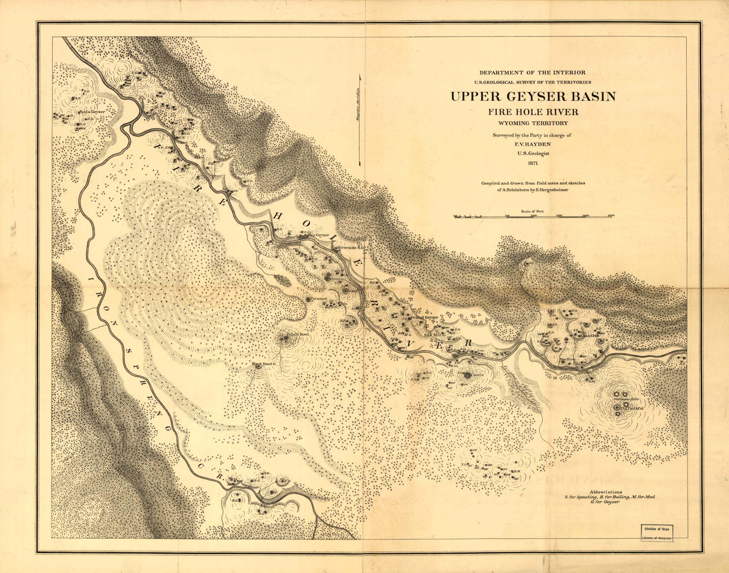 This old map of Upper Geyser Basin, Fire Hole River, Wyoming Territory from 1871 was created by Geological Survey of the Territories (U.S.), F. V. (Ferdinand Vandeveer) Hayden, E. (Edwin) Hergesheimer in 1871