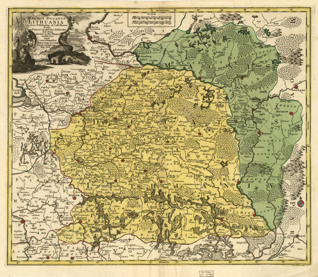 This old map of Magnus Ducatus Lithuania In Suos Palatinatus Et Castellanias Divisa, Non Solum Accuratissime Delineata, Sed Etiam Plurimis In Aliis Mappis Omissis Locis Aucta from 1778 was created by Georg Friedrich Lotter, Tobias Conrad Lotter in 1778