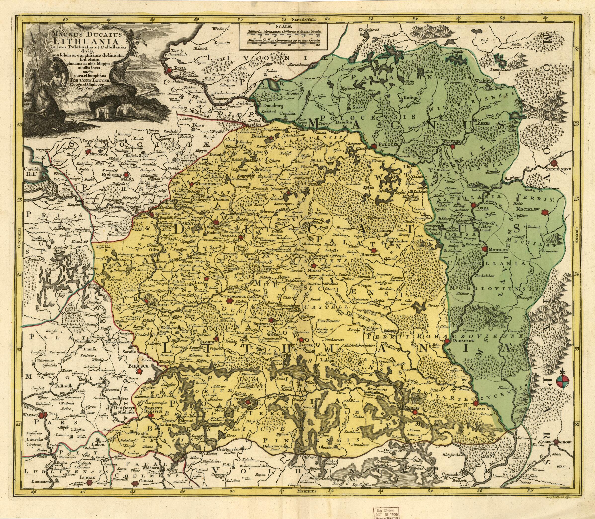 This old map of Magnus Ducatus Lithuania In Suos Palatinatus Et Castellanias Divisa, Non Solum Accuratissime Delineata, Sed Etiam Plurimis In Aliis Mappis Omissis Locis Aucta from 1778 was created by Georg Friedrich Lotter, Tobias Conrad Lotter in 1778