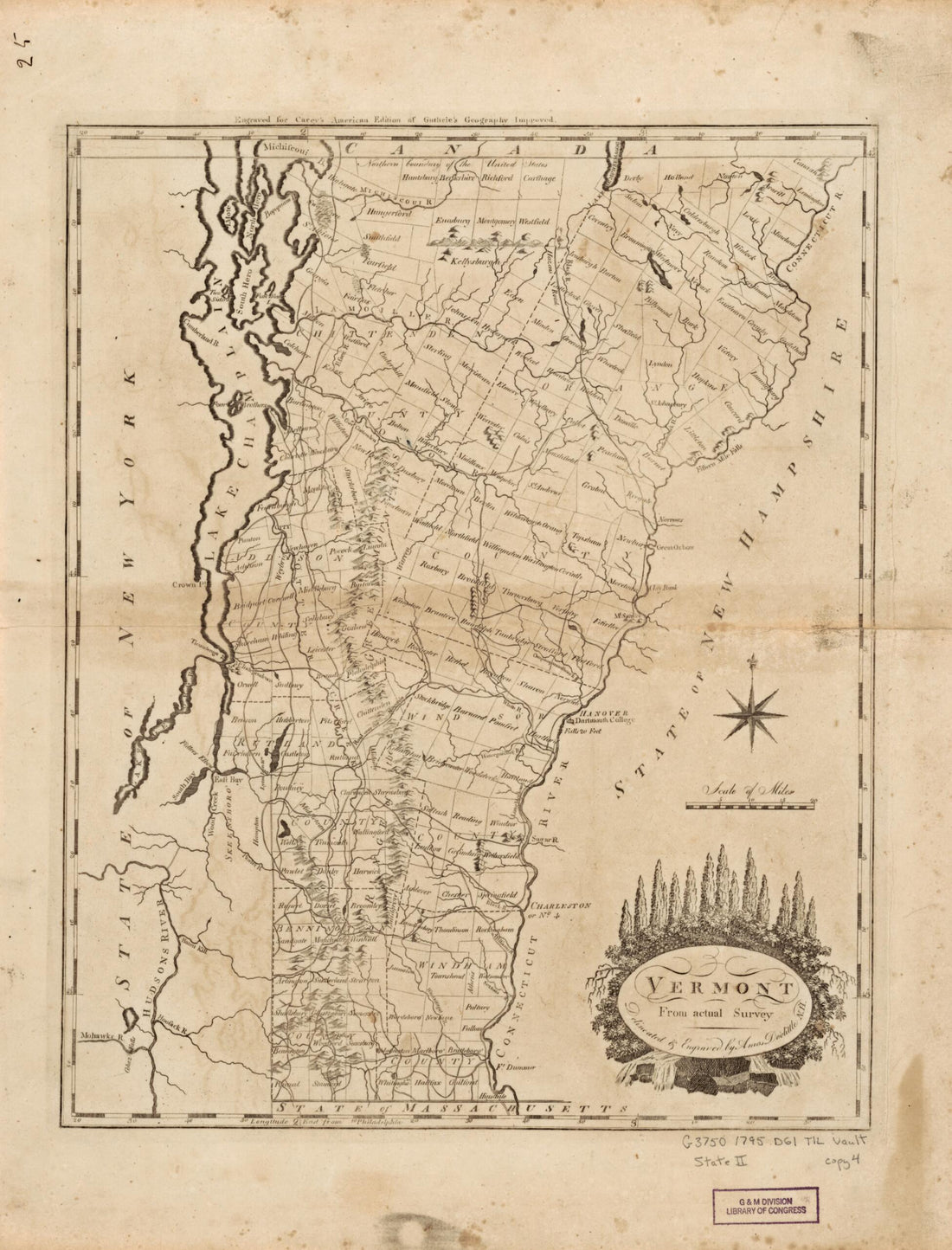 This old map of Vermont, from Actual Survey from 1795 was created by Mathew Carey, Amos Doolittle in 1795