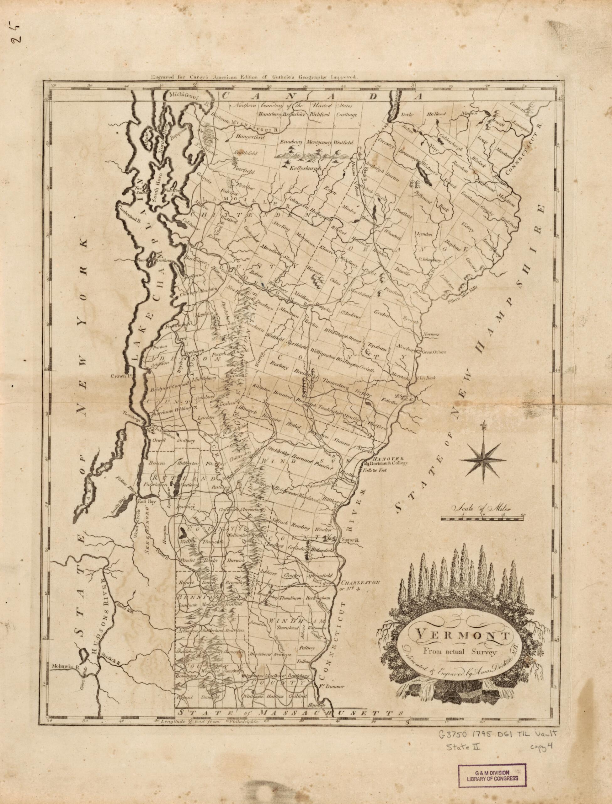 This old map of Vermont, from Actual Survey from 1795 was created by Mathew Carey, Amos Doolittle in 1795