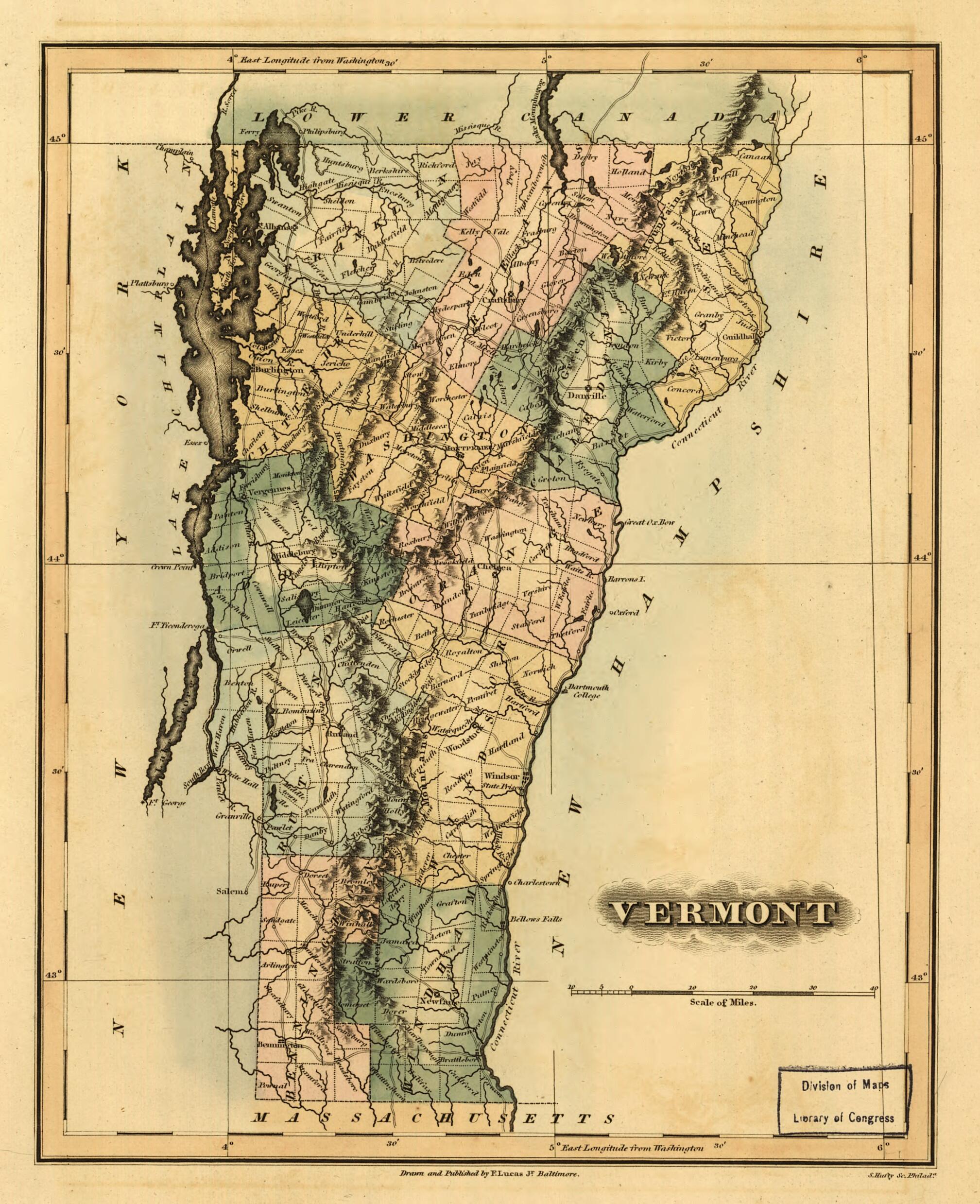 This old map of Vermont from 1826 was created by Fielding Lucas in 1826