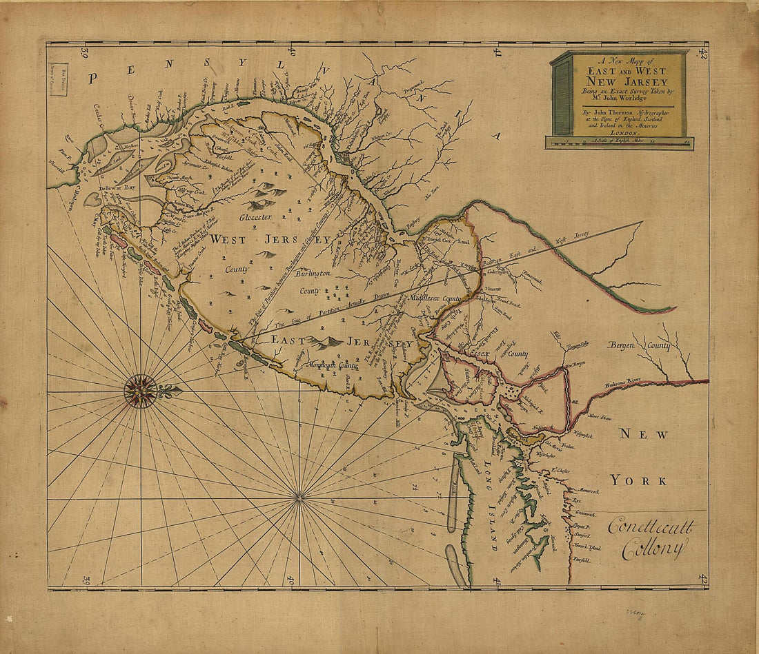 This old map of A New Mapp of East and West New Jarsey sic : Being an Exact Survey from 1706 was created by John Thornton, John Worlidge in 1706