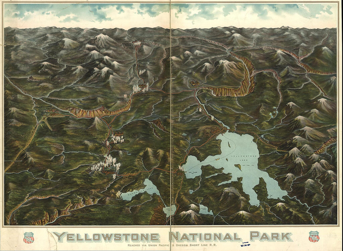 This old map of Yellowstone National Park from 1900 was created by Union Pacific Railroad Company in 1900