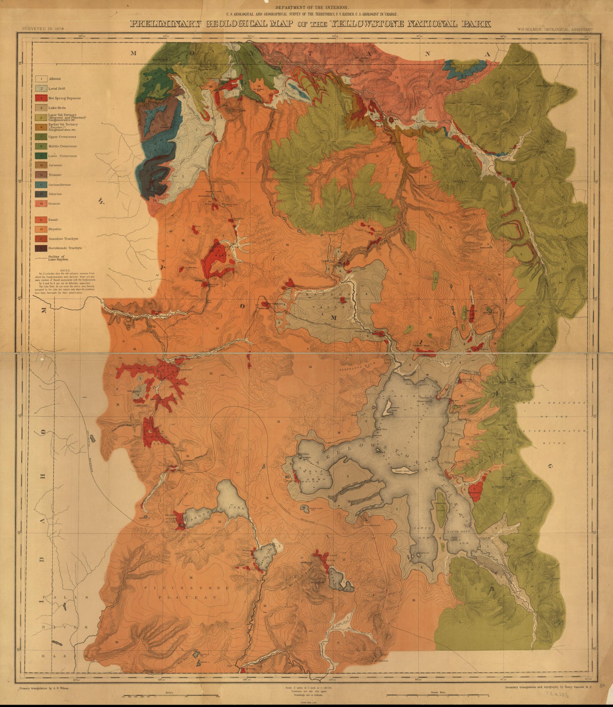 This old map of Preliminary Geological Map of the Yellowstone National Park from 1878 was created by Geological and Geographical Survey of the Territories (U.S.), F. V. (Ferdinand Vandeveer) Hayden in 1878