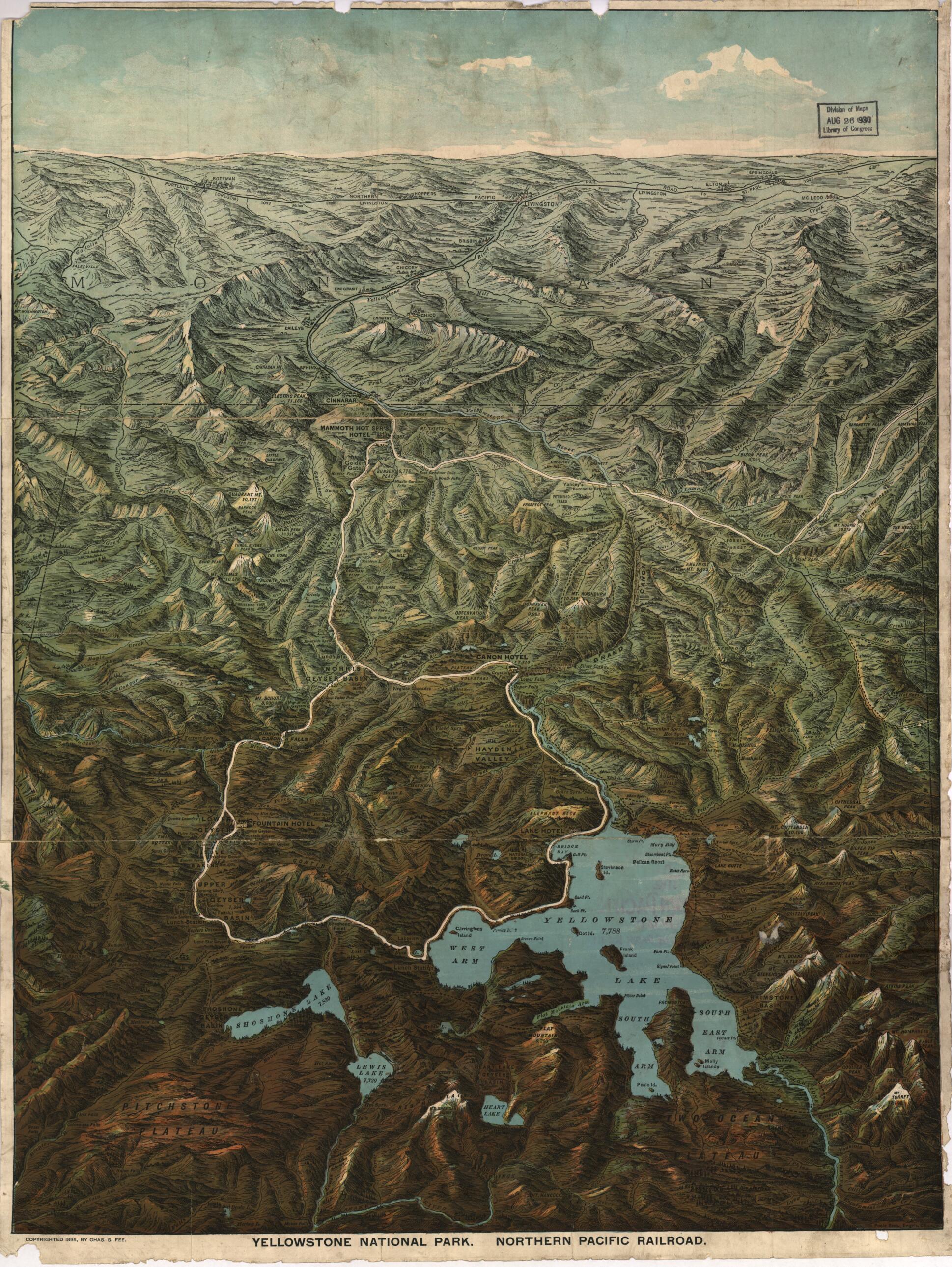 This old map of Yellowstone National Park, Northern Pacific Railroad from 1895 was created by Charles S. Fee, Poole Brothers in 1895