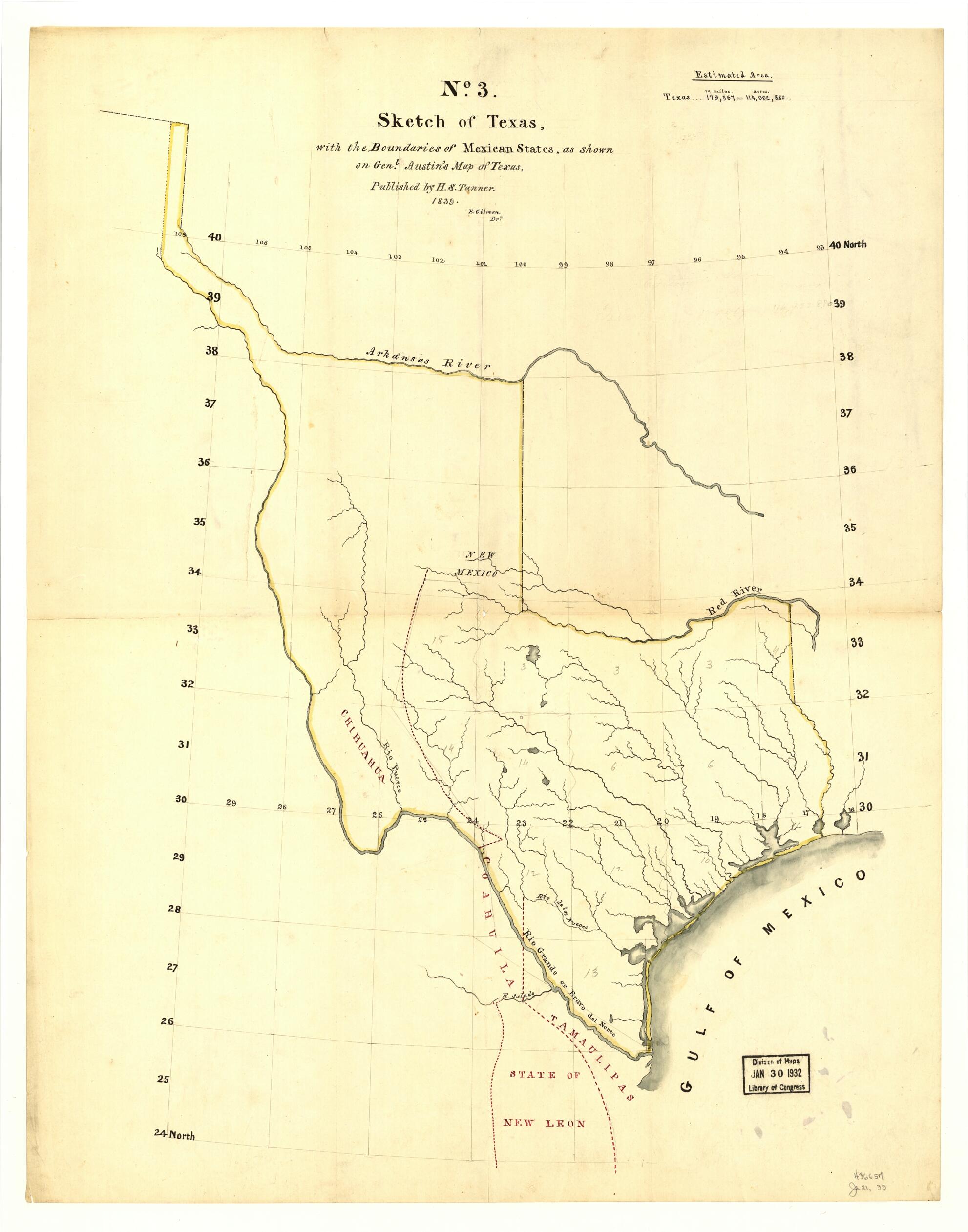 This old map of Sketch of Texas With the Boundaries of Mexican States As Shown On General Austin&