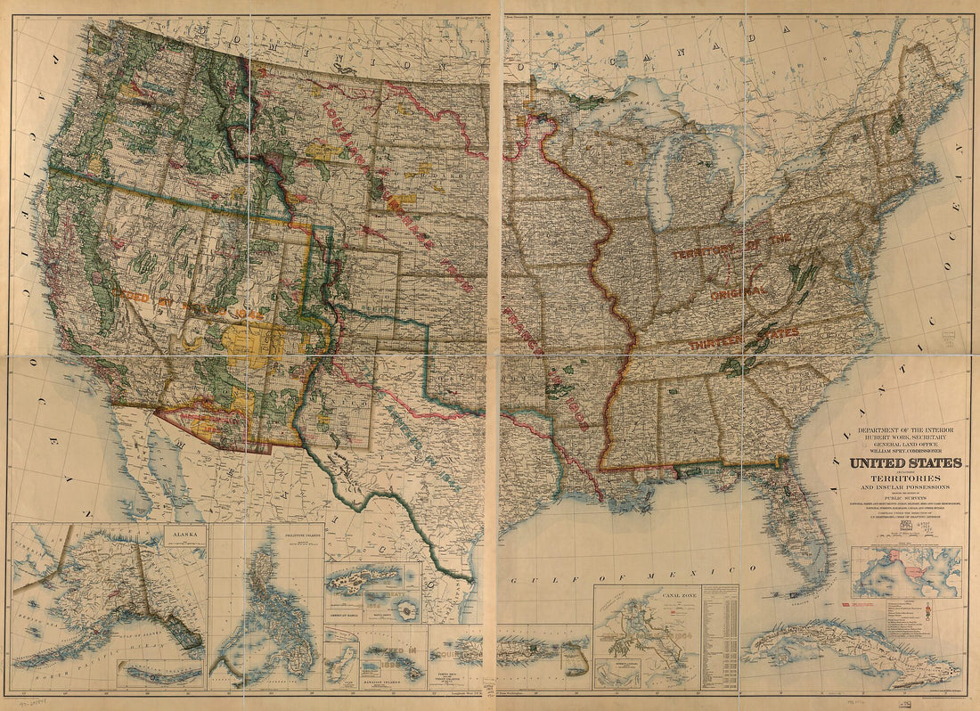 This old map of United States Including Territories and Insular Possessions : Showing the Extent of Public Surveys, National Parks and Monuments, Indian, Military, Bird and Game Reservations, National Forests, Railroads, Canals and Other Details from 192
