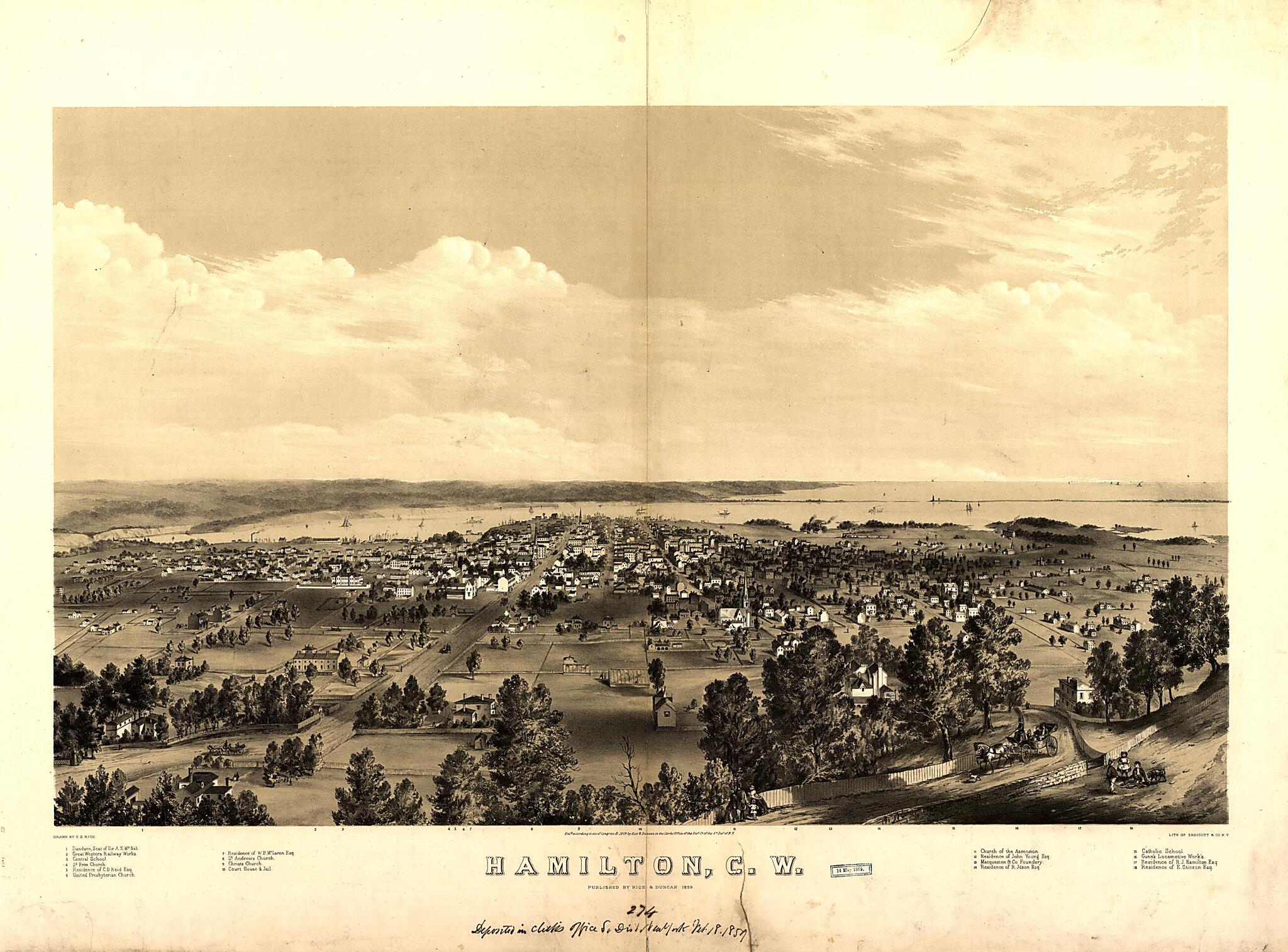 This old map of Hamilton, C.W. / Drawn by G.S. Rice ; Lith. of Endicott & County, New York from 1859 was created by N.Y.) Endicott & Co. (New York, G. S. Rice in 1859