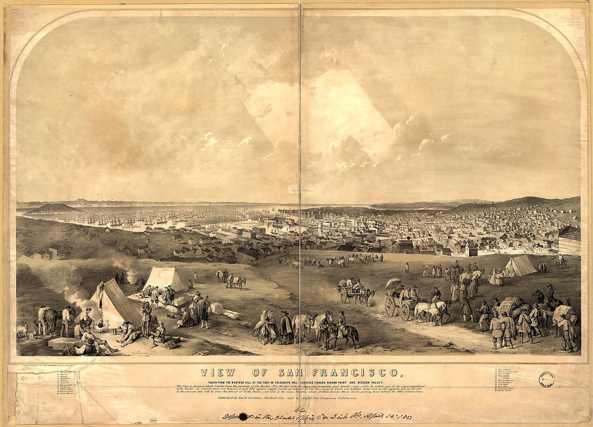 View of San Francisco, Taken from the Western Hill at the Foot of Telegraph Hill, Looking Toward Ringon Point and Mission Valley / Drawn from Nature by Henry Bainbridge and Geo. W. Casilear ; Lith. of Sarony & Major 1851 by Relic Map Company