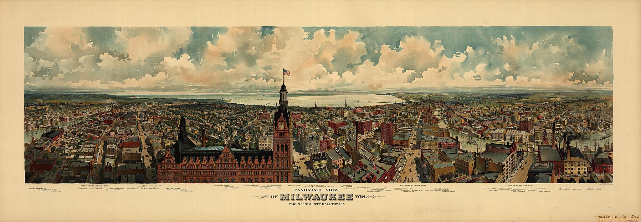 This old map of Panoramic View of Milwaukee,Wisconsin Taken from City Hall Tower / the Gugler Lithographic Co from 1898 was created by in 1898