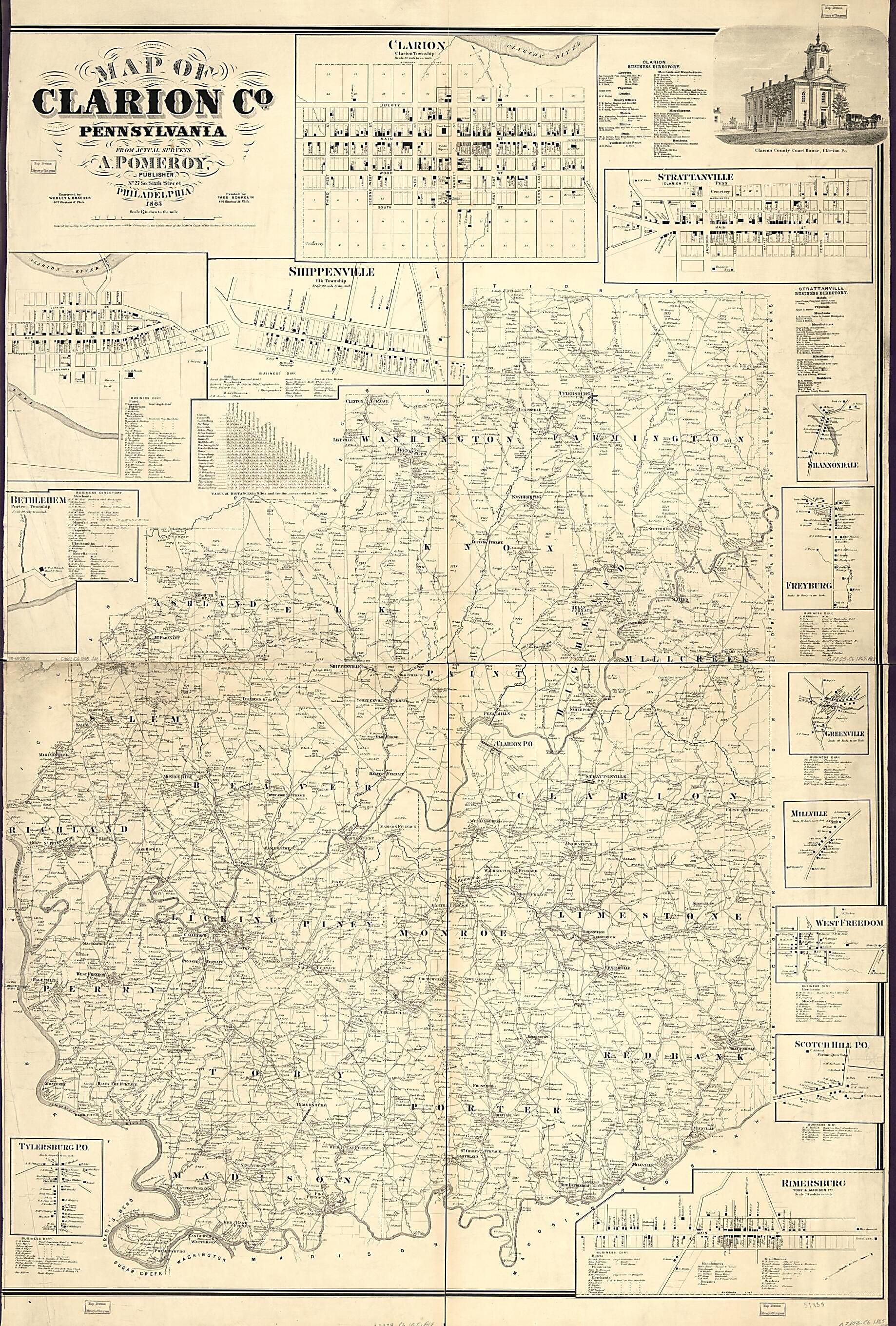 This old map of Map of Clarion County, Pennsylvania : from Actual Surveys from 1865 was created by A. Pomeroy & Co, F. (Frederick) Bourquin, Worley & Bracher in 1865
