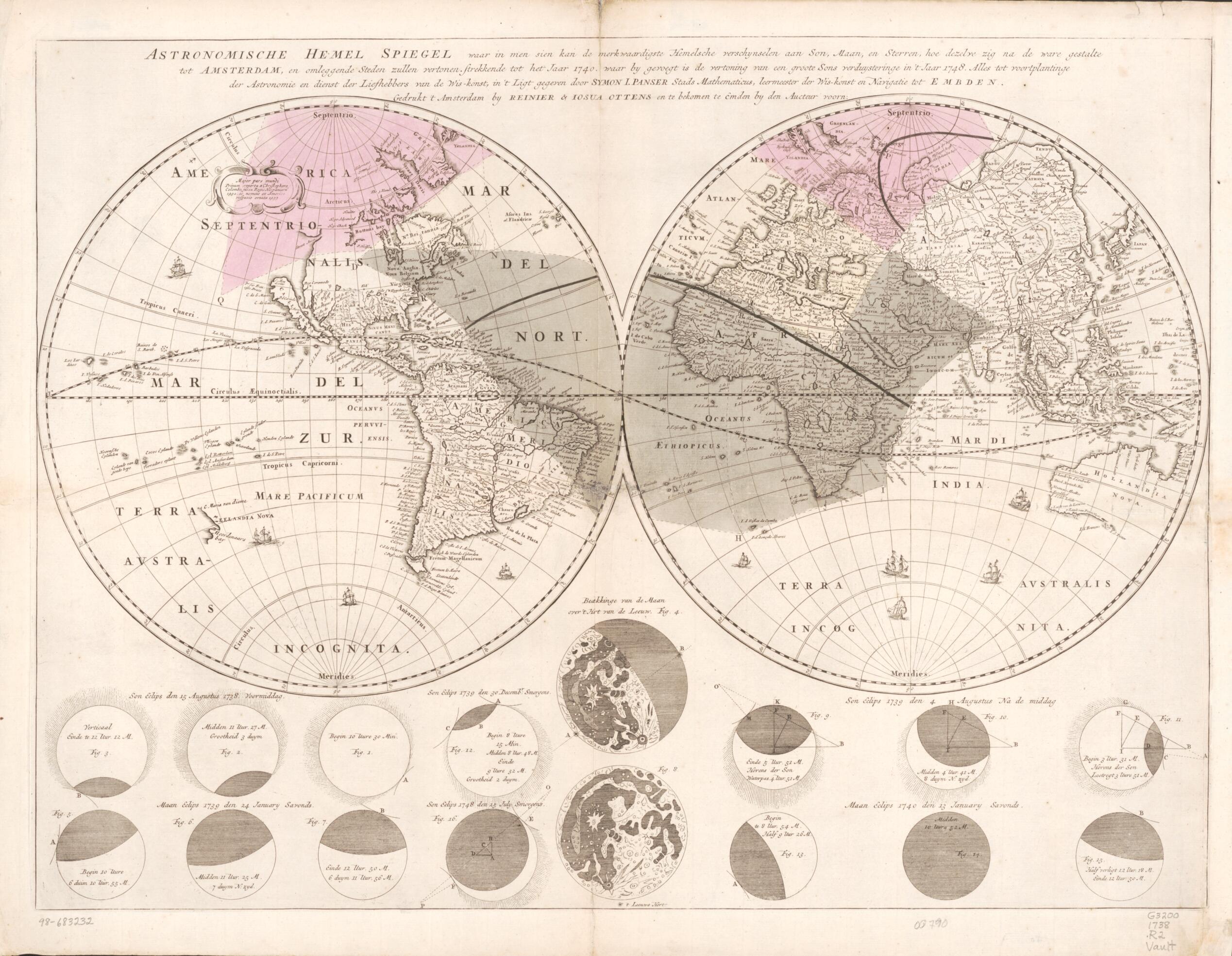 This old map of Astronomische Hemel Spiegel : Waar In Men Sien Kan De Merkwaardigste Hemelsche Verschynselen Aan Son, Mean En Sberren from 1738 was created by R. & J. Ottens in 1738