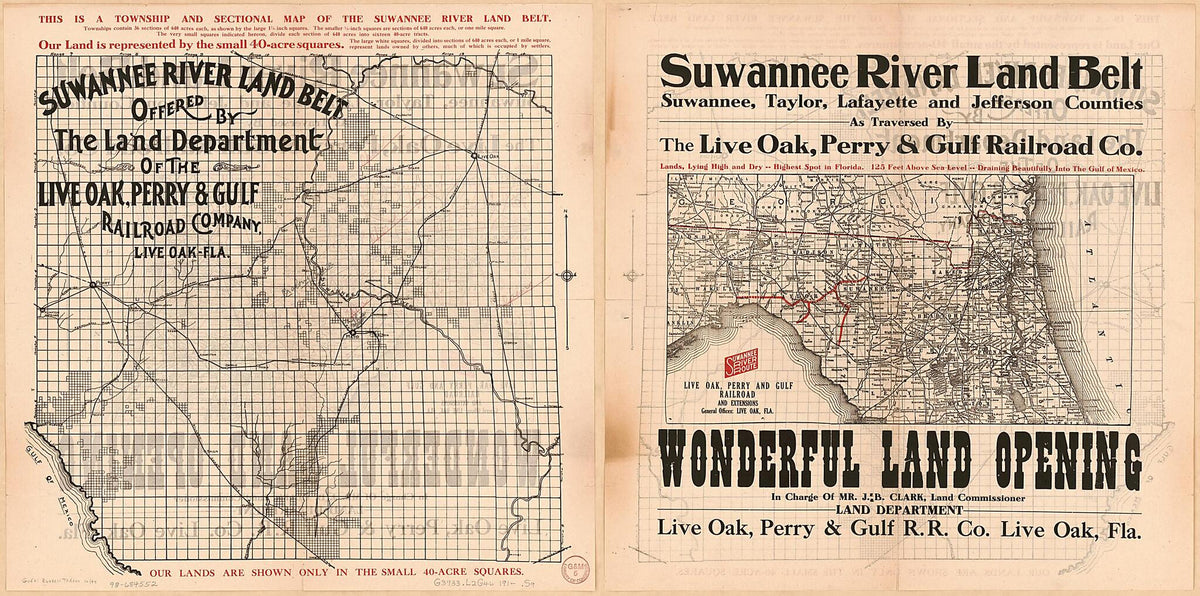 Suwannee River Land Belt : Offered by the Land Department of the Live Oak, Perry & Gulf Railroad Company, Live Oak, Florida 1910 by Relic Map Company