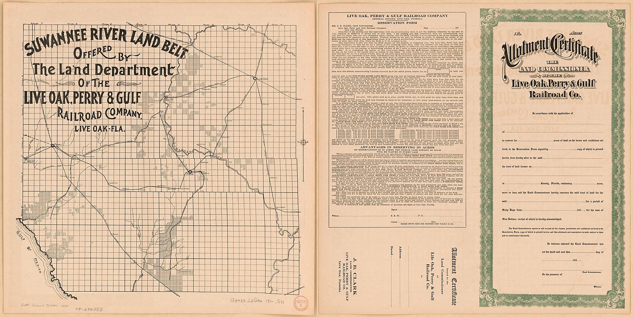 This old map of Suwannee River Land Belt : Offered by the Land Department of the Live Oak, Perry & Gulf Railroad Company, Live Oak, Florida from 1910 was created by in 1910