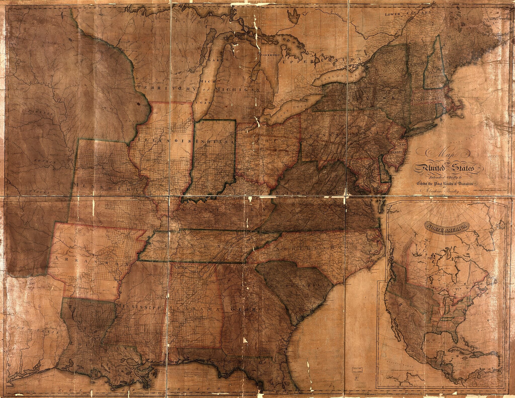This old map of Map of the United States : Intended Chiefly to Exhibit the Post Roads & Distances from 1825 was created by Abraham Bradley in 1825