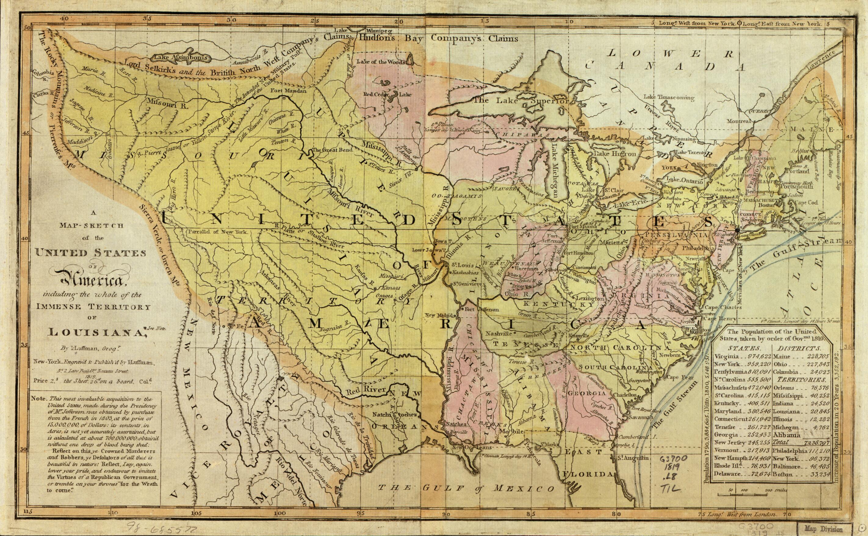 This old map of Sketch of the United States of America from 1819 was created by J. (John) Luffman in 1819
