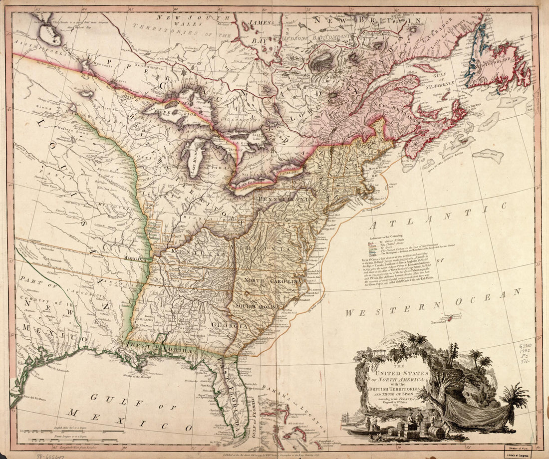 This old map of The United States of North America, With the British Territories and Those of Spain : According to the Treaty of 1784 from 1793 was created by William Faden in 1793