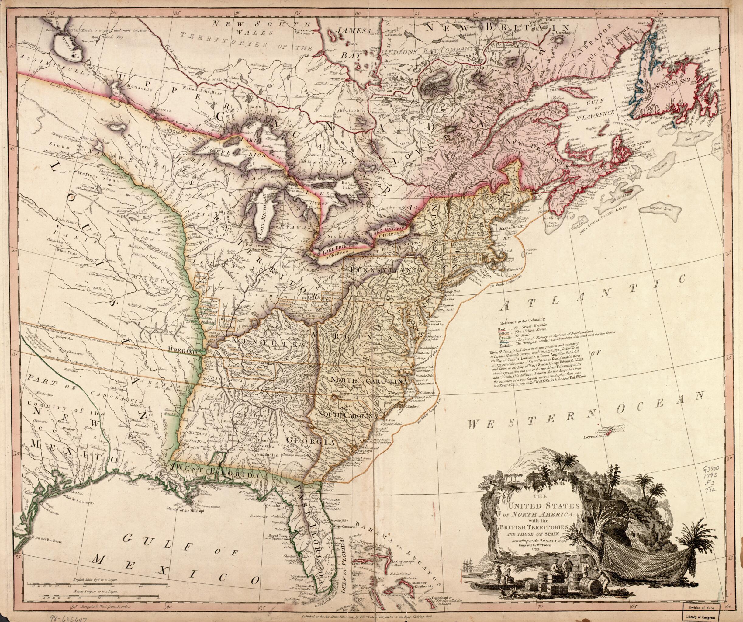 This old map of The United States of North America, With the British Territories and Those of Spain : According to the Treaty of 1784 from 1793 was created by William Faden in 1793