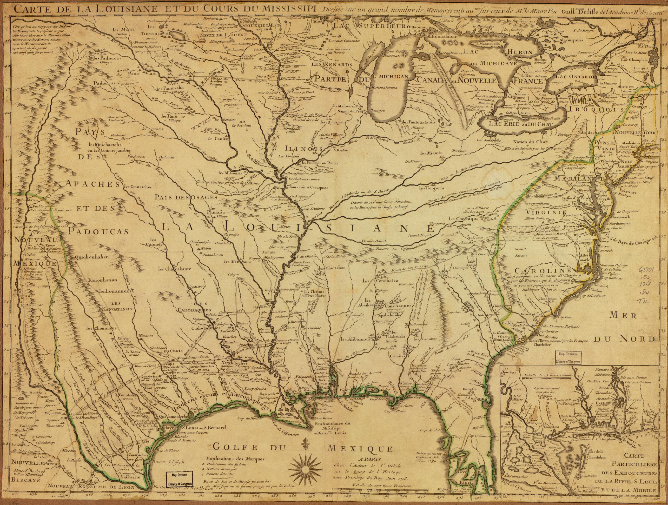 This old map of Carte De La Louisiane Et Du Cours Du Mississippi from 1718 was created by Guillaume De L&