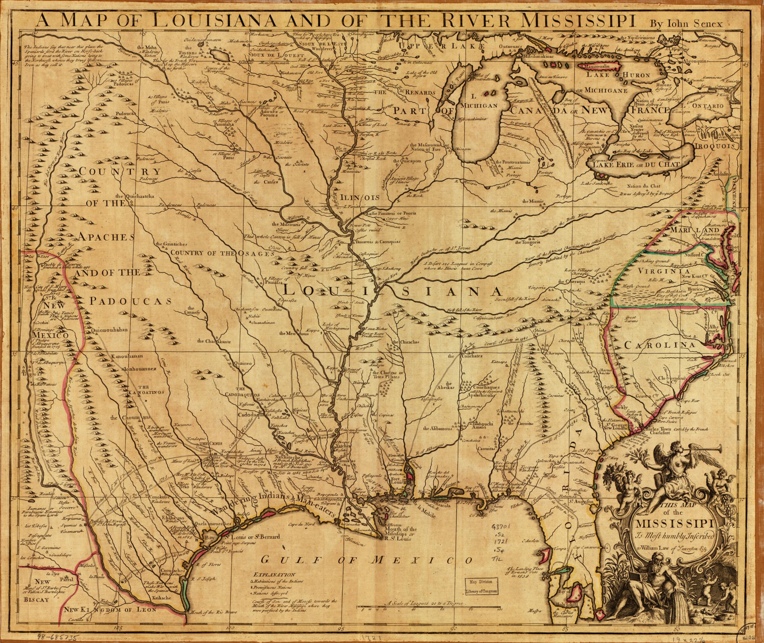 This old map of A Map of Louisiana and of the River Mississippi from 1721 was created by John Senex in 1721