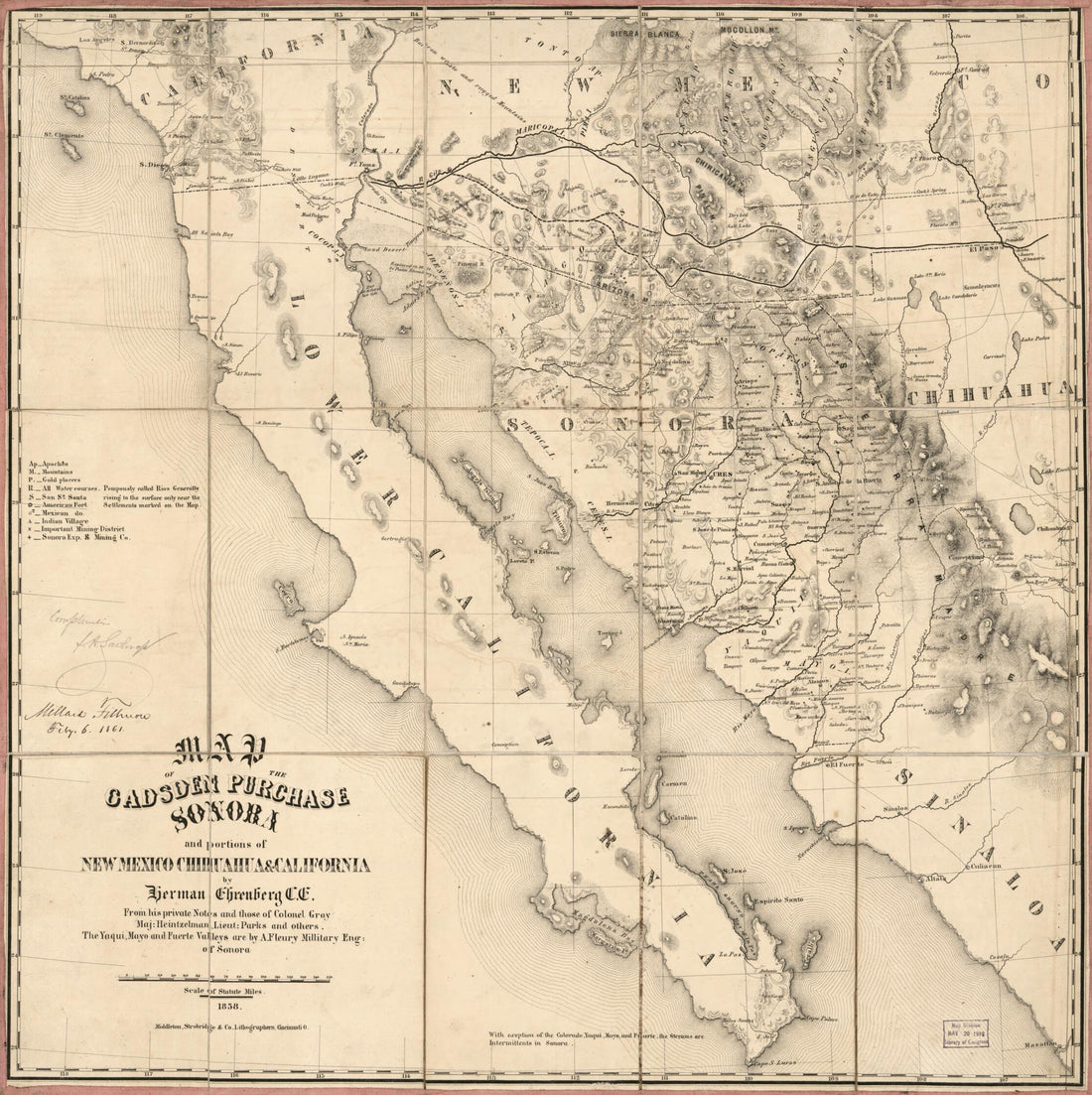 This old map of Map of the Gadsden Purchase : Sonora and Portions of New Mexico, Chihuaua & California from 1858 was created by Herman Ehrenberg, Millard Fillmore, Strobridge & Co Middleton in 1858