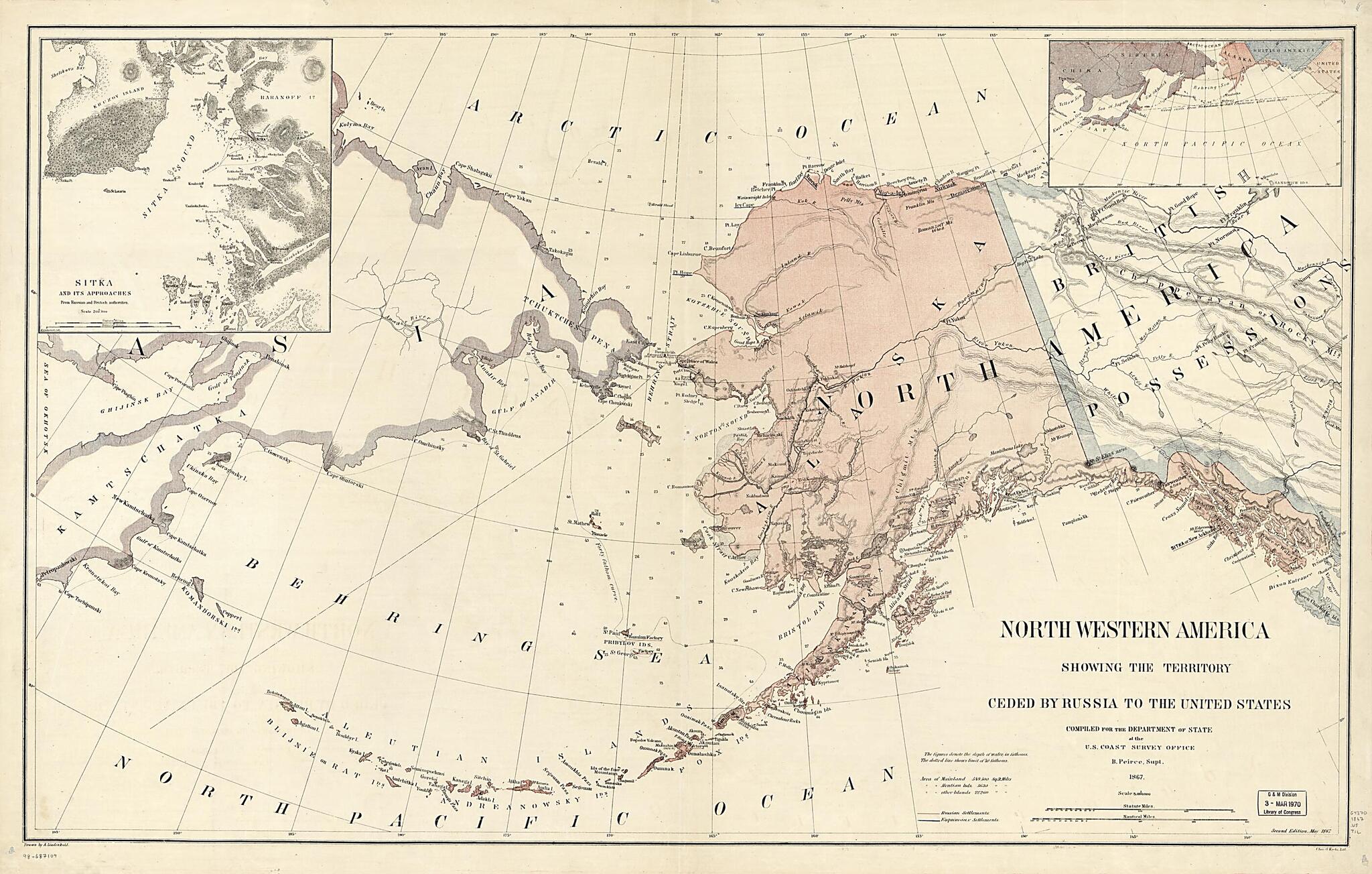 This old map of Northwestern America Showing the Territory Ceded by Russia to the United States from 1867 was created by A. Lindenkohl, U.S. Coast and Geodetic Survey in 1867