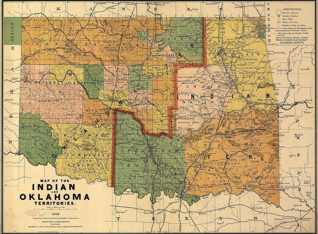 This old map of Map of the Indian and Oklahoma Territories from 1892 was created by Rand McNally and Company in 1892