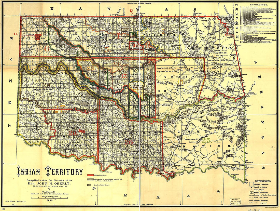 This old map of Indian Territory: Compiled Under the Direction of the Hon. John H. Oberly, Commissioner of Indian Affairs, by C.A. Maxwell from 1889 was created by Charles A. Maxwell, United States. Office of Indian Affairs in 1889