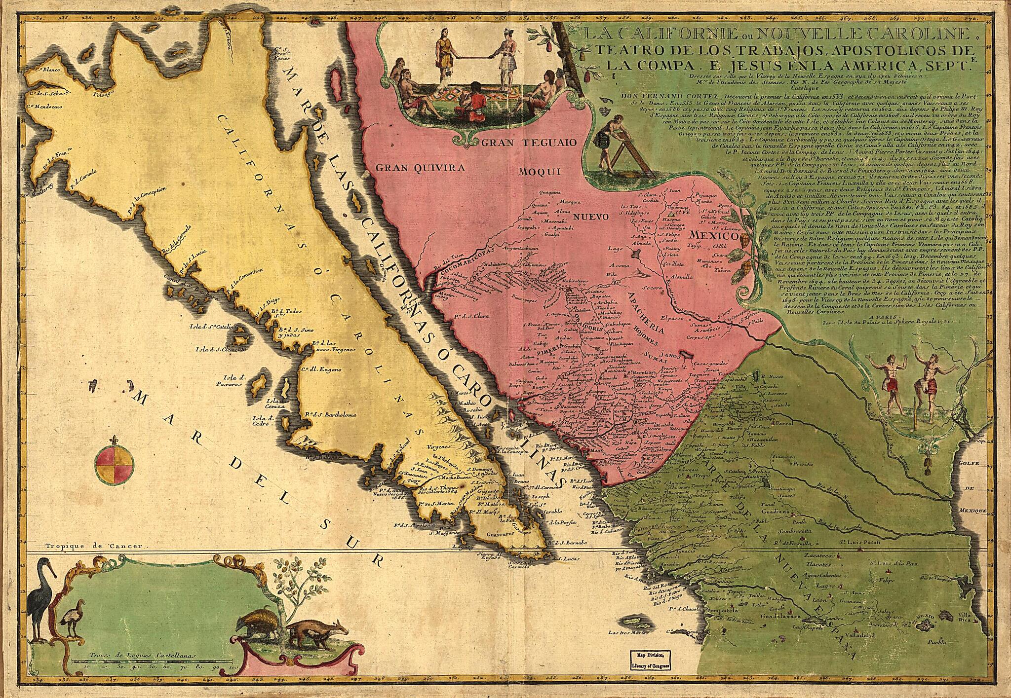 This old map of La Californie Ou Nouvelle Caroline : Teatro De Los Trabajos, Apostolicos De La Compa. E Jesus En La America Septe from 1720 was created by Nicolas De Fer in 1720