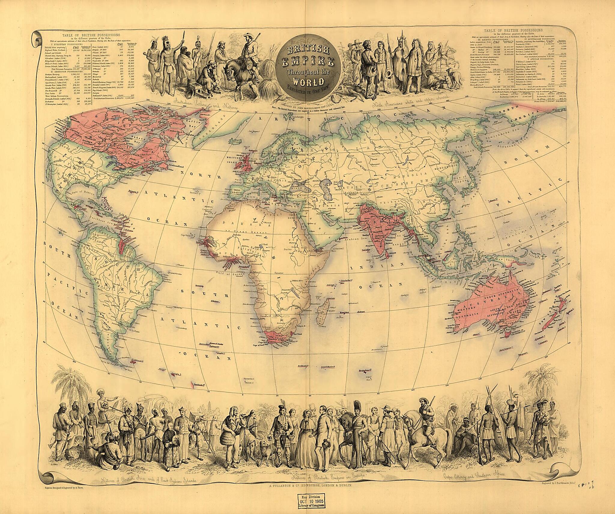 This old map of British Empire Throughout the World Exhibited In One View from 1850 was created by A. Fullarton & Co, John Bartholomew in 1850