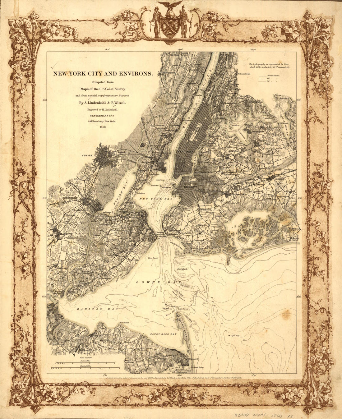 This old map of New York City and Environs from 1860 was created by A. Lindenkohl, Westermann & Co, P. Witzel in 1860
